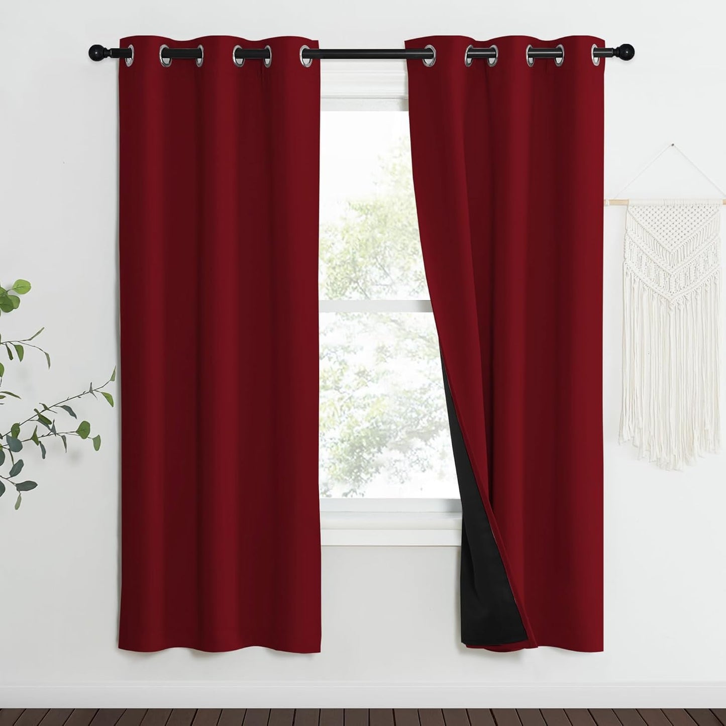 NICETOWN 100% Blackout Curtains with Black Liner Backing, Thermal Insulated Curtains for Living Room, Noise Reducing Drapes for Christmas, Burgundy Red, 37" x 70" Per Panel, Set of 2
