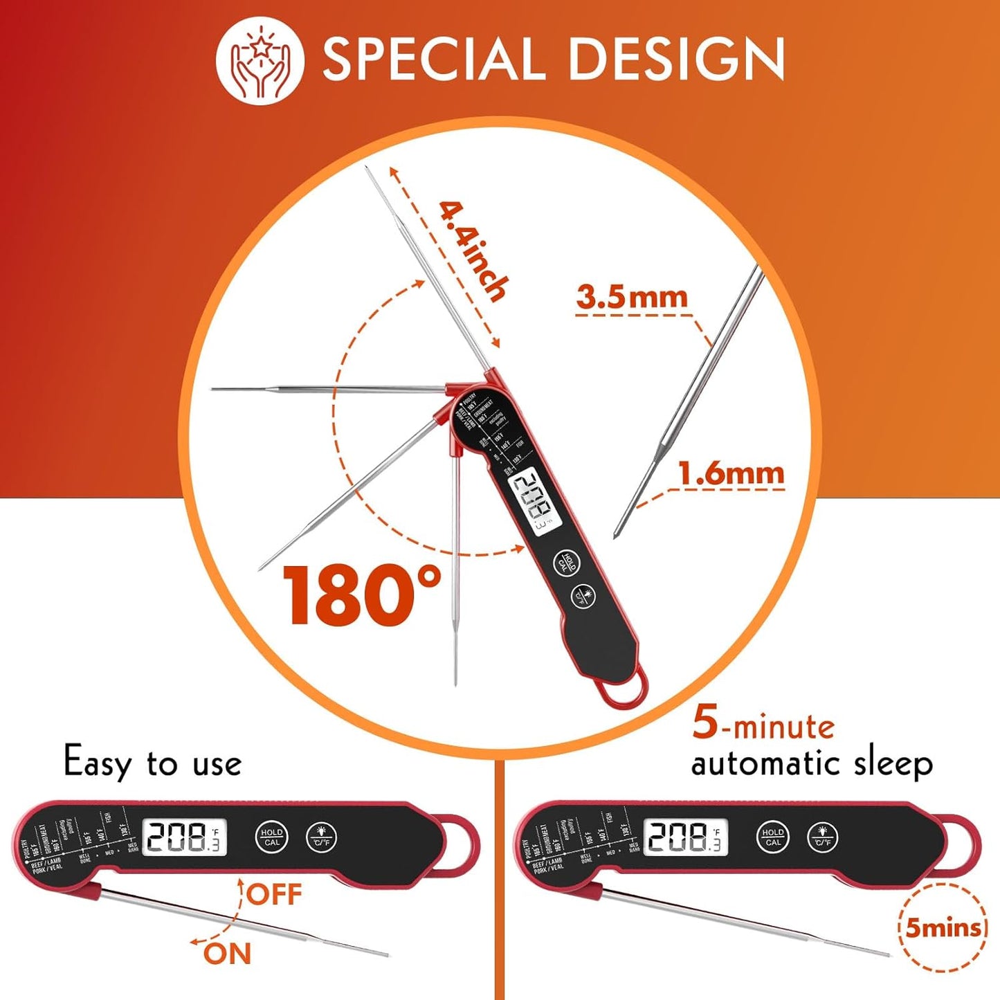 Meat Thermometer Digital with Backlight, Calibration & Hold Function, IP65 Waterproof Food Thermometer for Cooking, Outdoor Grilling, Candy Making