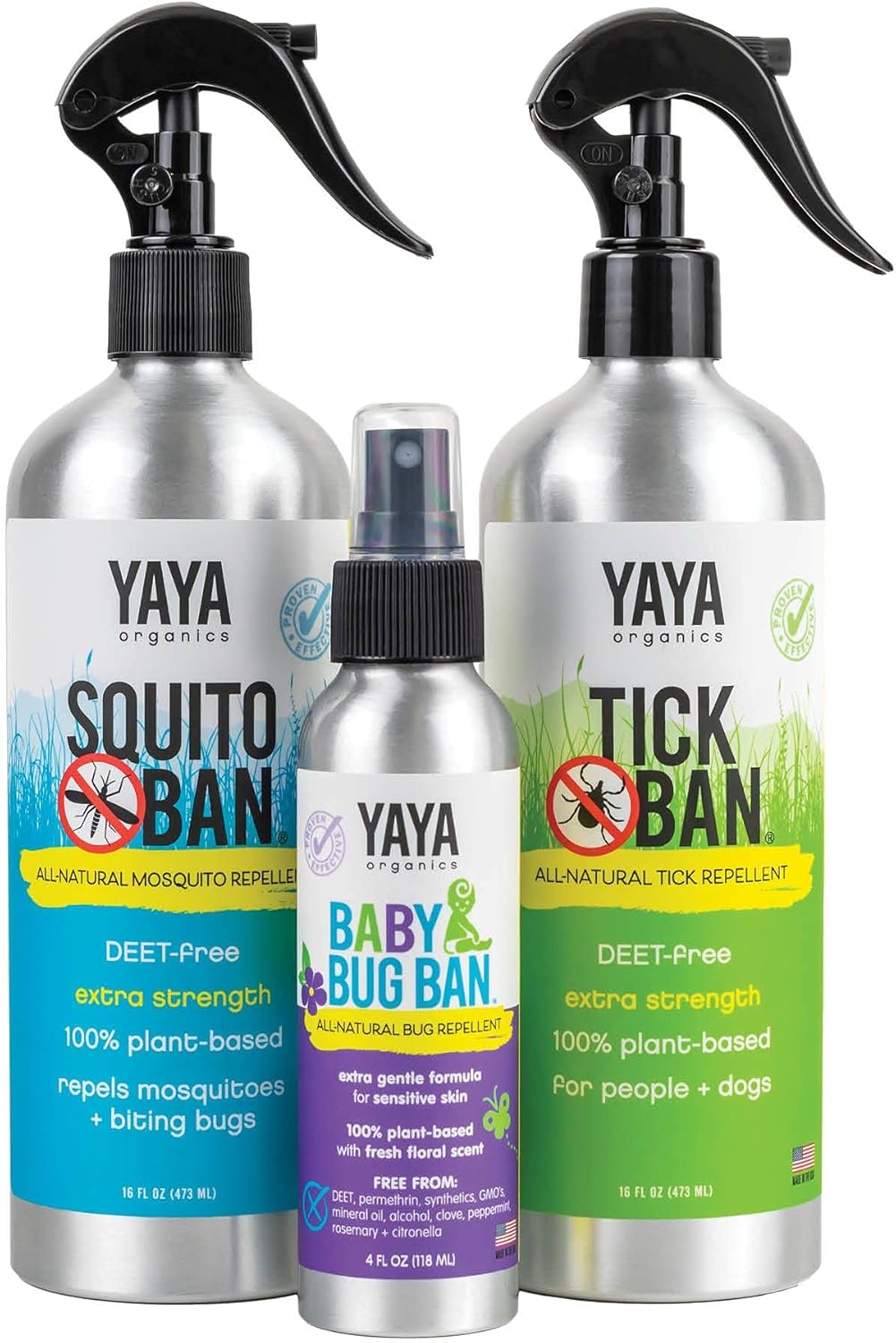 YAYA ORGANICS Family Bundle – Protect Your Family from Ticks and Mosquitoes with All-Natural, Proven Effective Repellents - Tick Ban 16 oz, Squito Ban 16 oz, Baby Bug Ban 4 oz