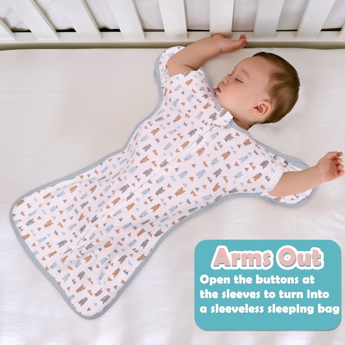 2 Pack Transition Swaddle with 2 Way Zipper, 2 in 1 Arms in/Out Transitional Arms Up Swaddle, 100% Cotton Newborn Swaddles Zipper Swaddles Baby Swaddling Sack Sleeping Sack 0-3 Months, Dinosaur & Bear