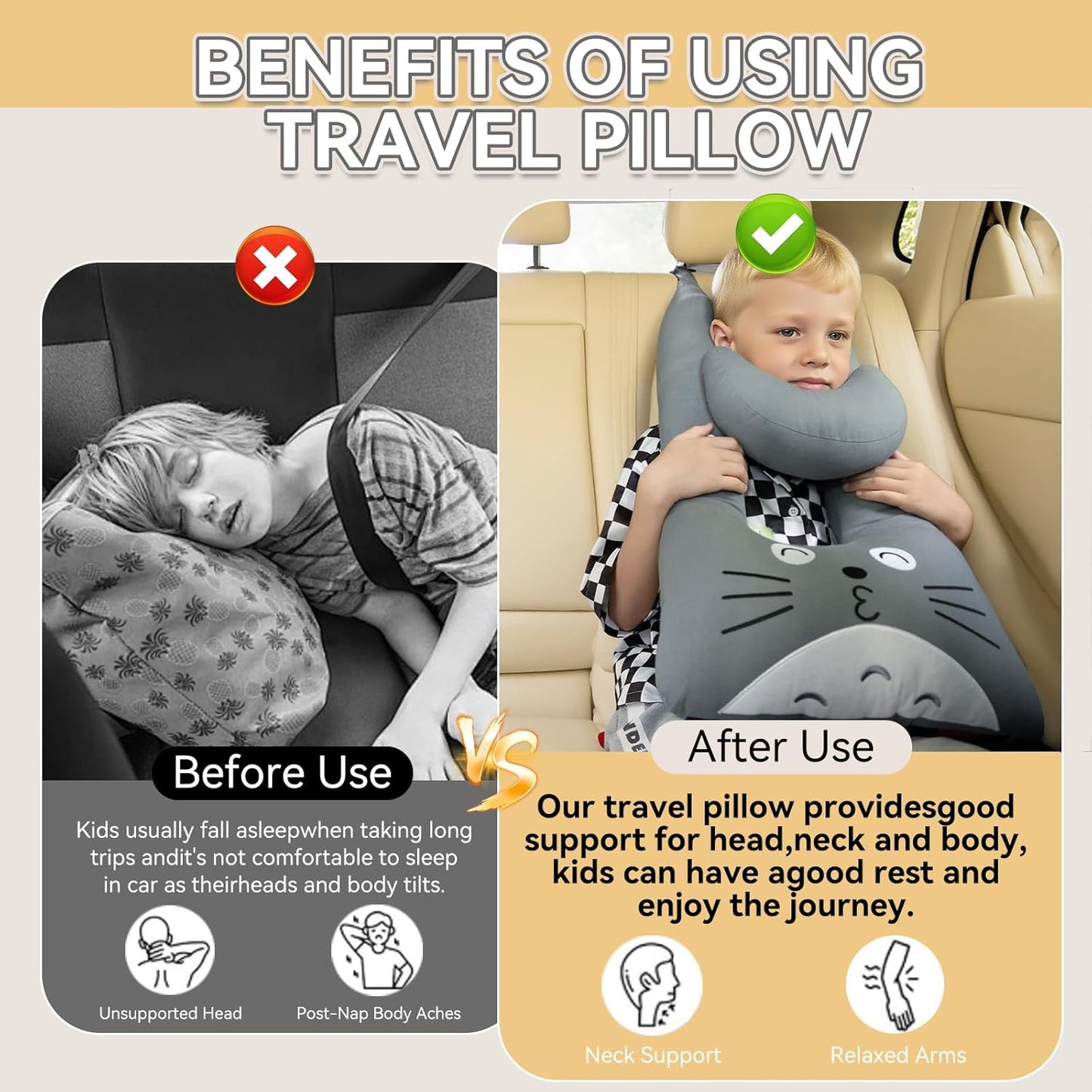 Travel Pillow,Car Pillow Kids Travel Pillow Car seat Pillow U Shaped Pillow for Travel Skin-Friendly Material The Sleeping Aid for Adults and Kids on Road Trips (Gray)