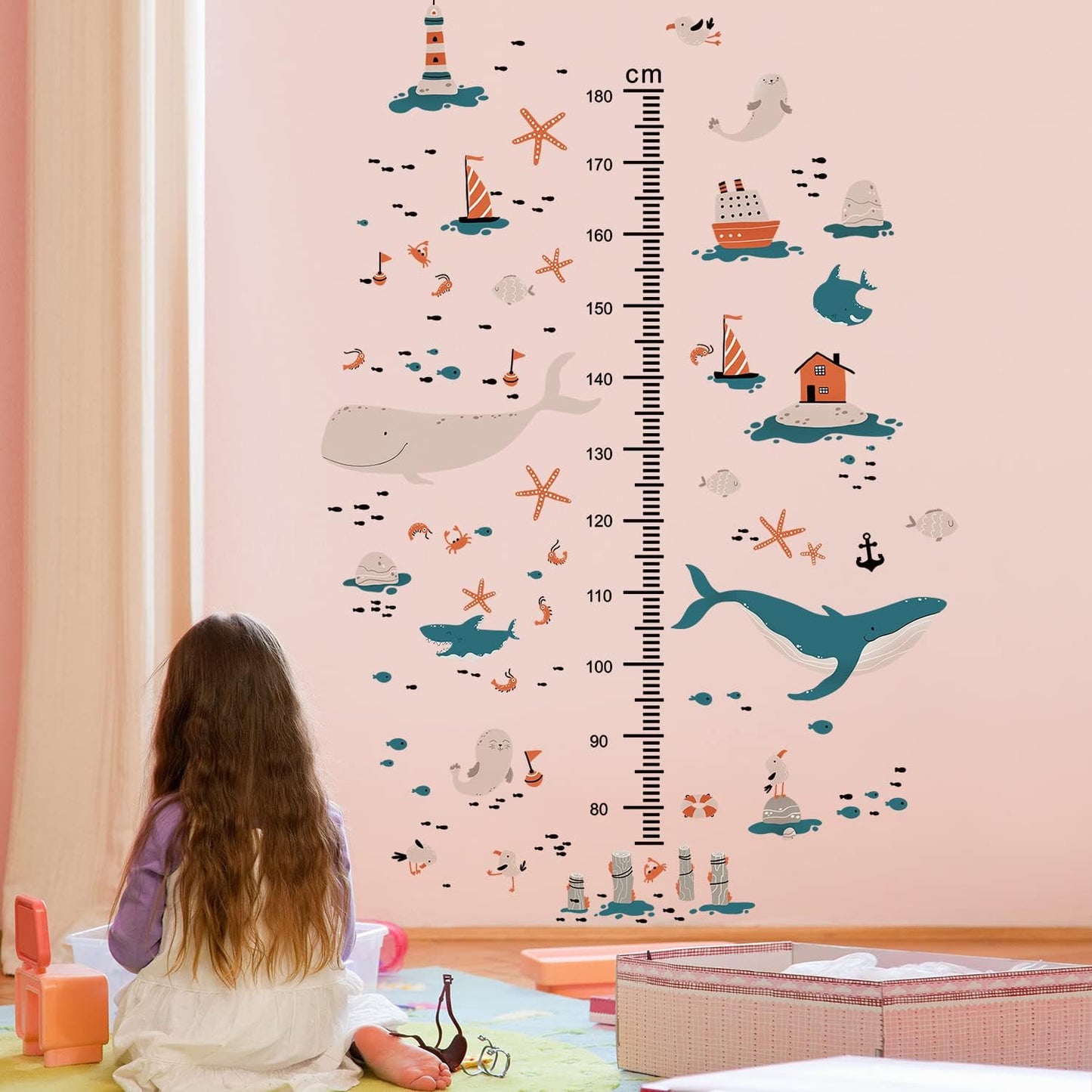 3D Cartoon Height Growth Chart for Kids Wall Decal Removable DIY Whale Ocean Animal Wall Decal Peel and Stick Sailing House Art Decor for Kids Nursery Bedroom Living Room Bathroom Decor