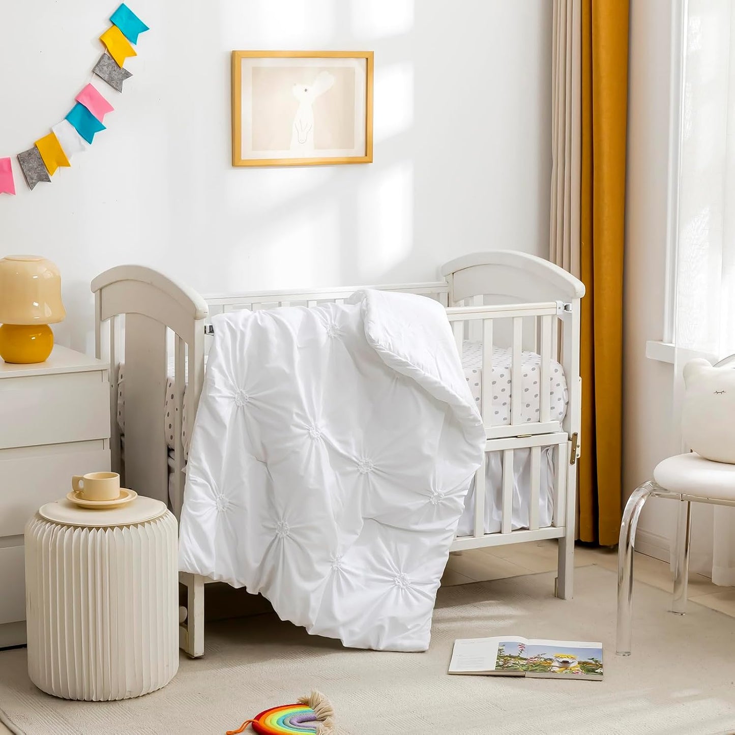 PINNKKU 3-Piece Crib Bedding Set for Boy Girls, Includes Crib Skirt, Blanket and Sheet, Baby Bedding, Pintuck Pinch Pleat White