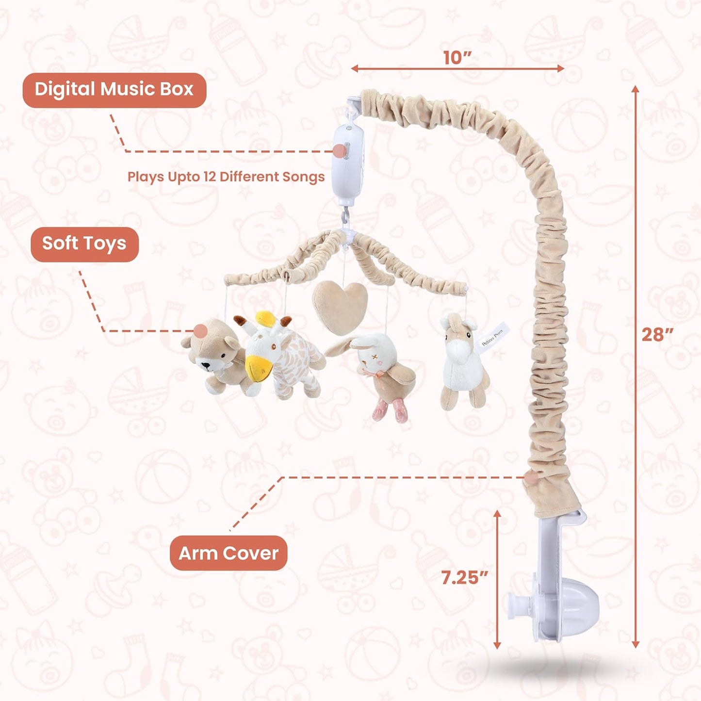 Musical Crib Mobile with 12 Lullabies, Rotating Arm and Detachable Plush Toys, Unisex Clip On Mobile for Standard Cribs, Baby Safe Materials for Sensory Development & Early Growth