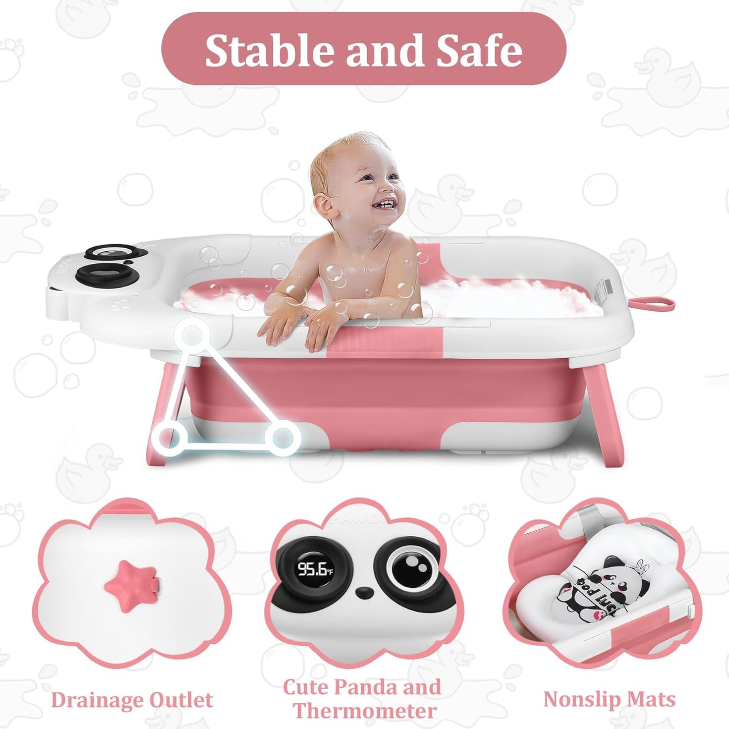 Foldable Baby Bathtub, Lightweight Bathtub for Infants to Toddlers with Soft Cushion & Thermometer, Portable Baby Tub Newborn to Toddler 0-36 Months(Pink)