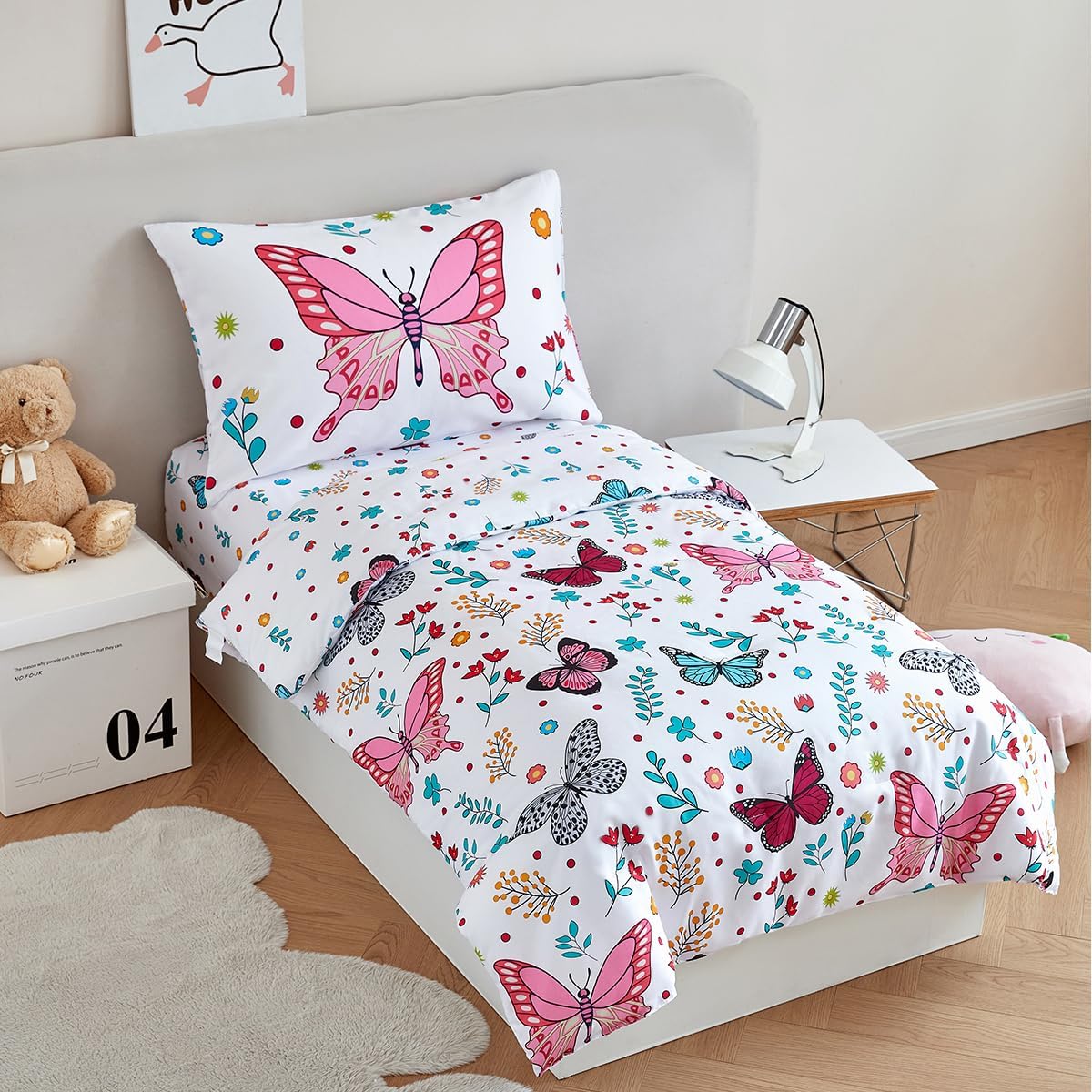 PERFEMET 4-Piece Girls Butterfly Bedding in Pink Floral - Reversible Colorful Flower Toddler Bed Comforter Set for All Season (White, Butterfly)