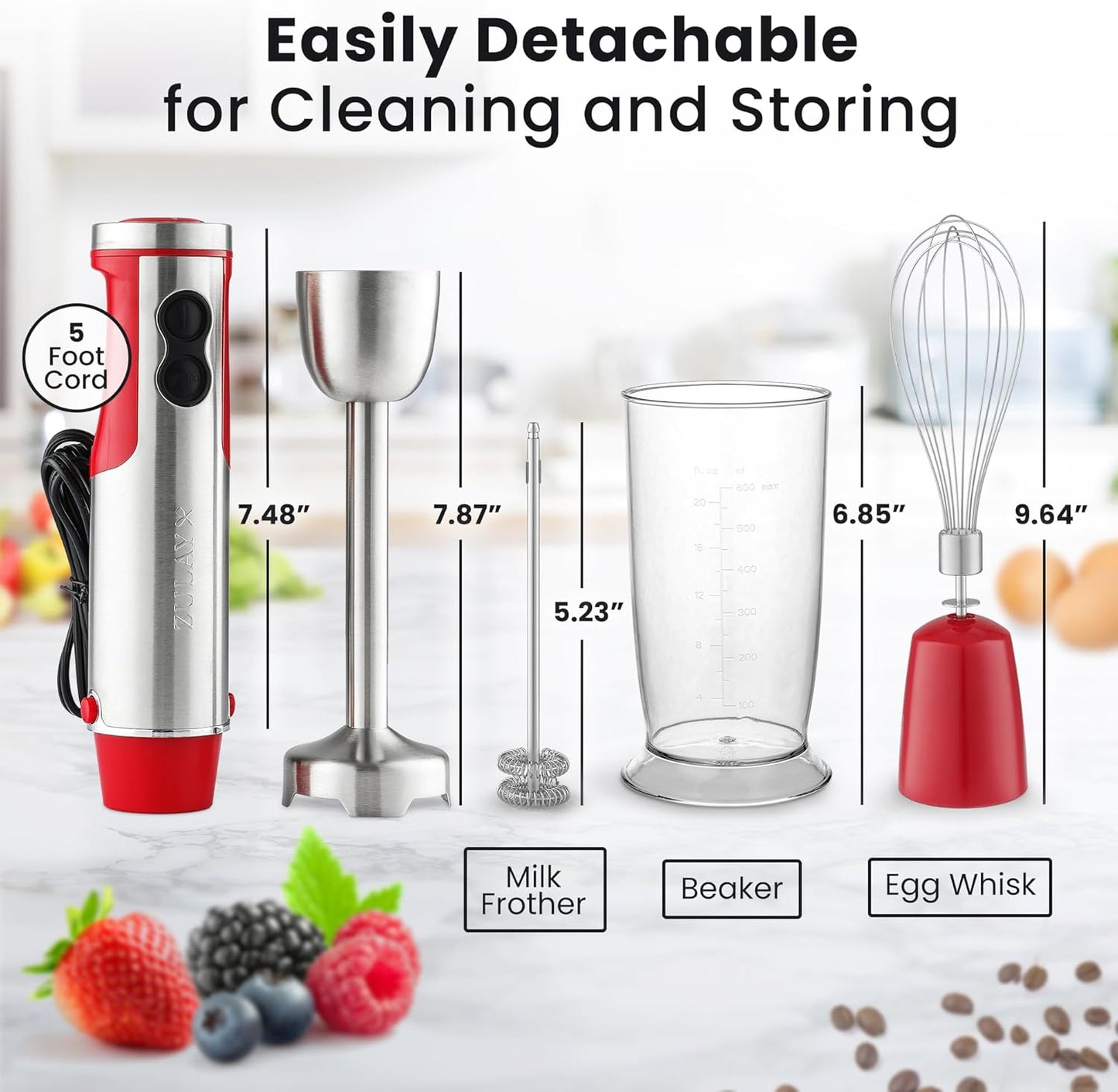 Zulay 4-in-1 Immersion Stick Mixer Hand Blender - 800 Watts, 12 Speeds, 5-ft Power Electric Cord, Handheld Portable, Stainless Steel Blades - With Whisk, Frother & Stick Blender Attachments - Red