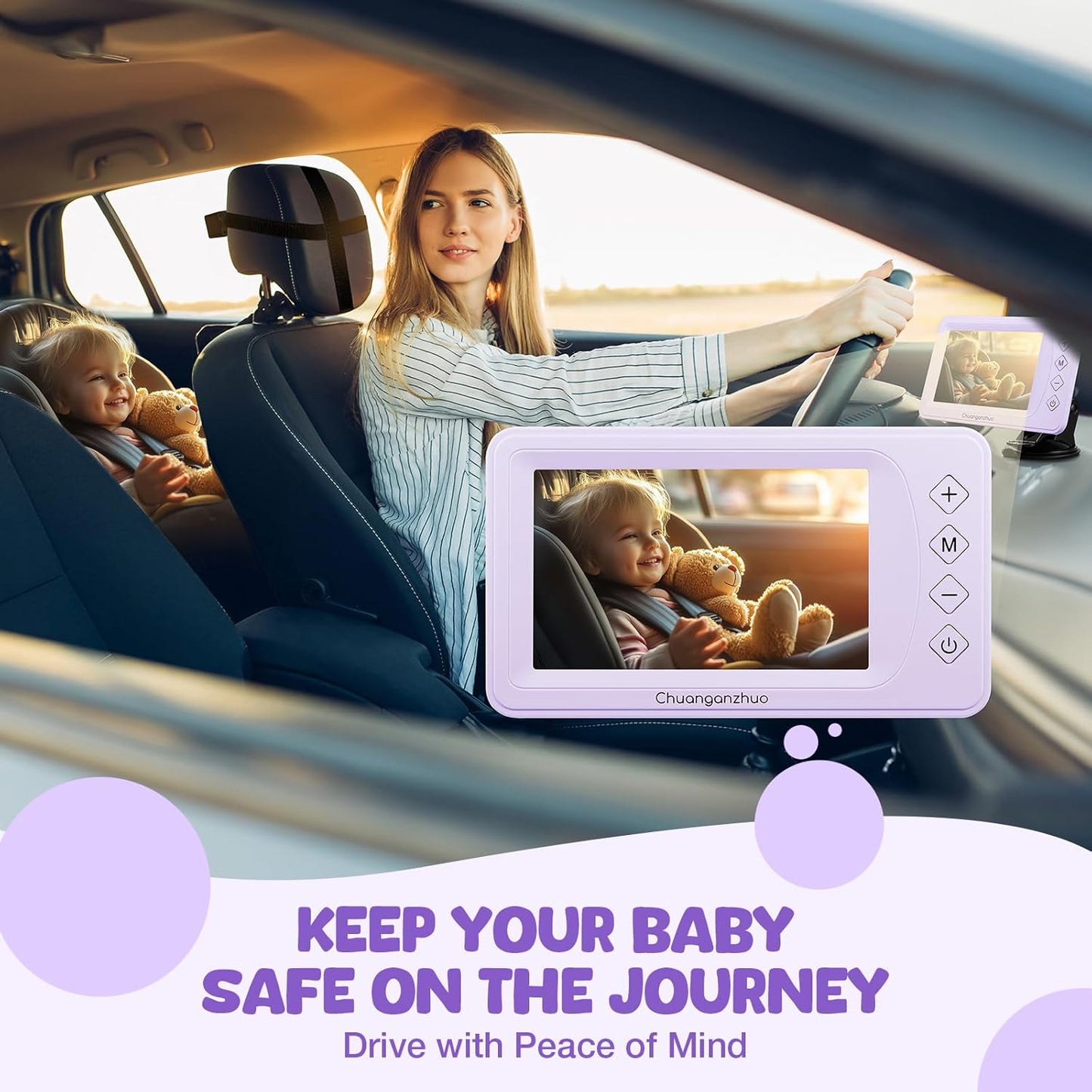Baby Car Camera with Advanced Crystal-Clear Night Vision, 3X Zoom, USB Powered, 5'' AHD 1080P IPS Car Baby Monitor, Backseat Camera for Kids Infants Rear Facing Mirror, 5inch, Purple