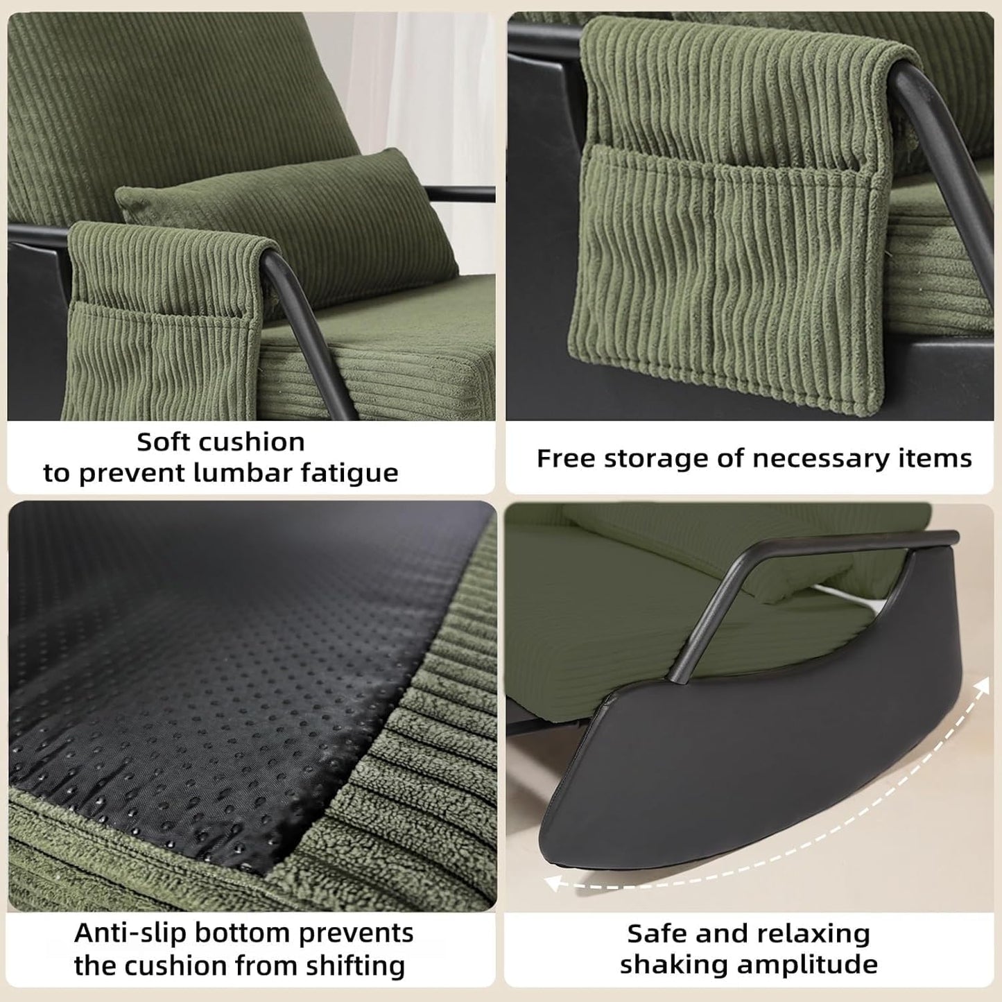 Rocking Chair for Nursery, Modern Upholstered Plush Seating Glider Recliner Chair with High Backrest and Side Pocket, Accent Armchair with Cushions for Living Room/Reading (Blackish Green)