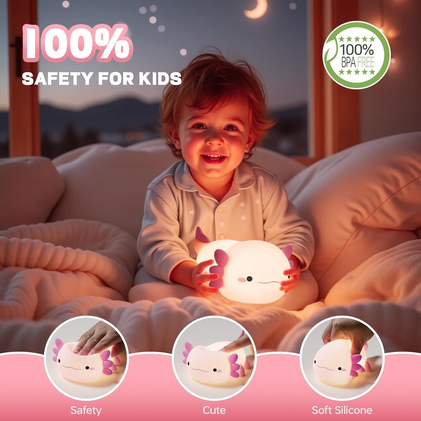 Axolotl Night Light for Kids, Cute Axolotl Lamp Silicone Baby Nursery Night Lamp, Dimmable Squishy Touch Bedside Lamps, Adorable Rechargeable Animal Lamps Gifts Kawaii Room Decor for Kids Girls Boys