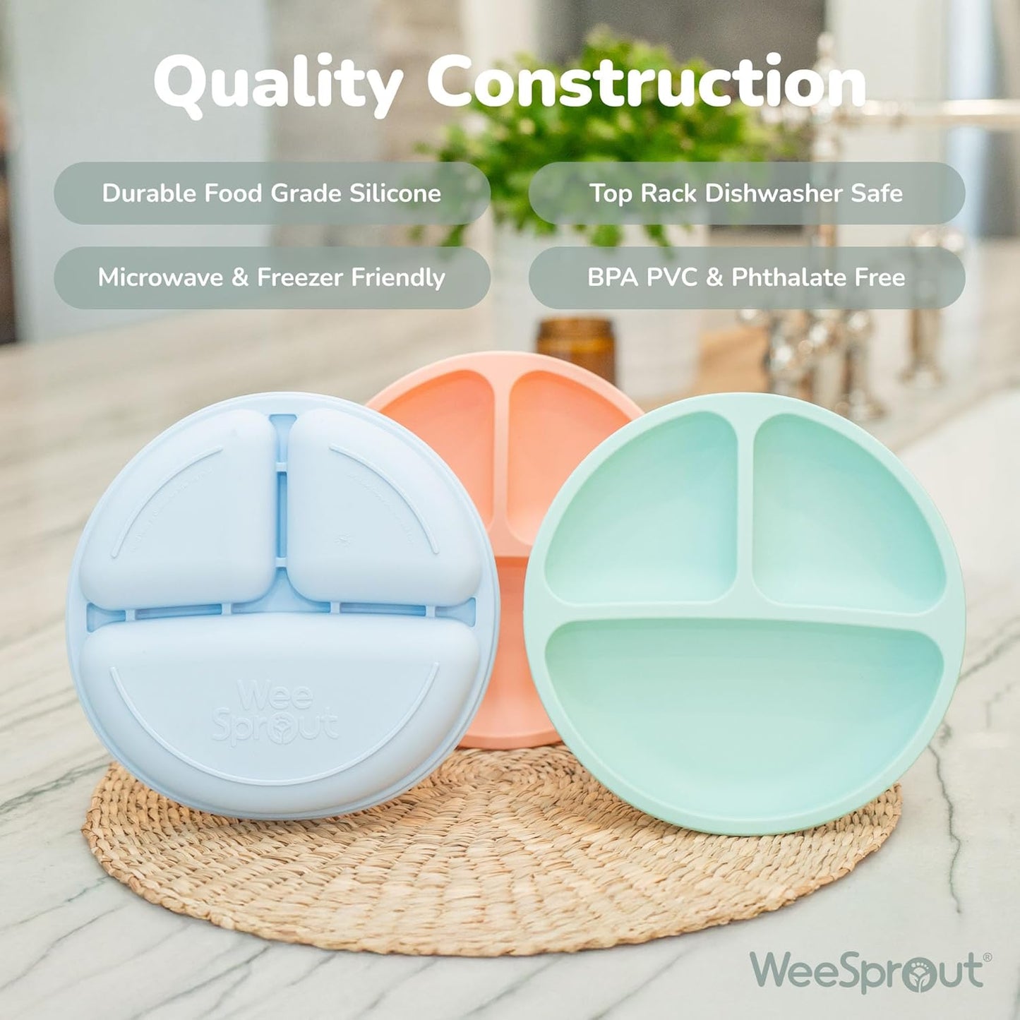 WeeSprout Silicone Divided Plates (No Lids), 100% Food Grade Silicone Plates for Toddlers & Kids, Dishwasher & Microwave Safe