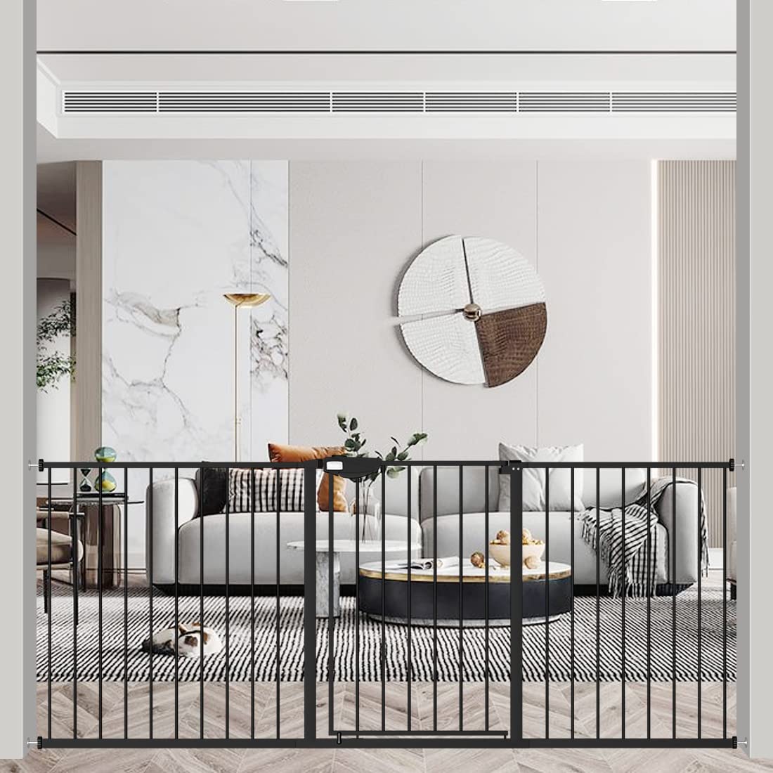 WAOWAO Triple Lock Baby Gate Extra Wide 72.04-76.77" Pressure Mounted Walk Through Swing Auto Close Safety Black Metal Dog Pet Puppy Cat for Stairs,Doorways,Kitchen