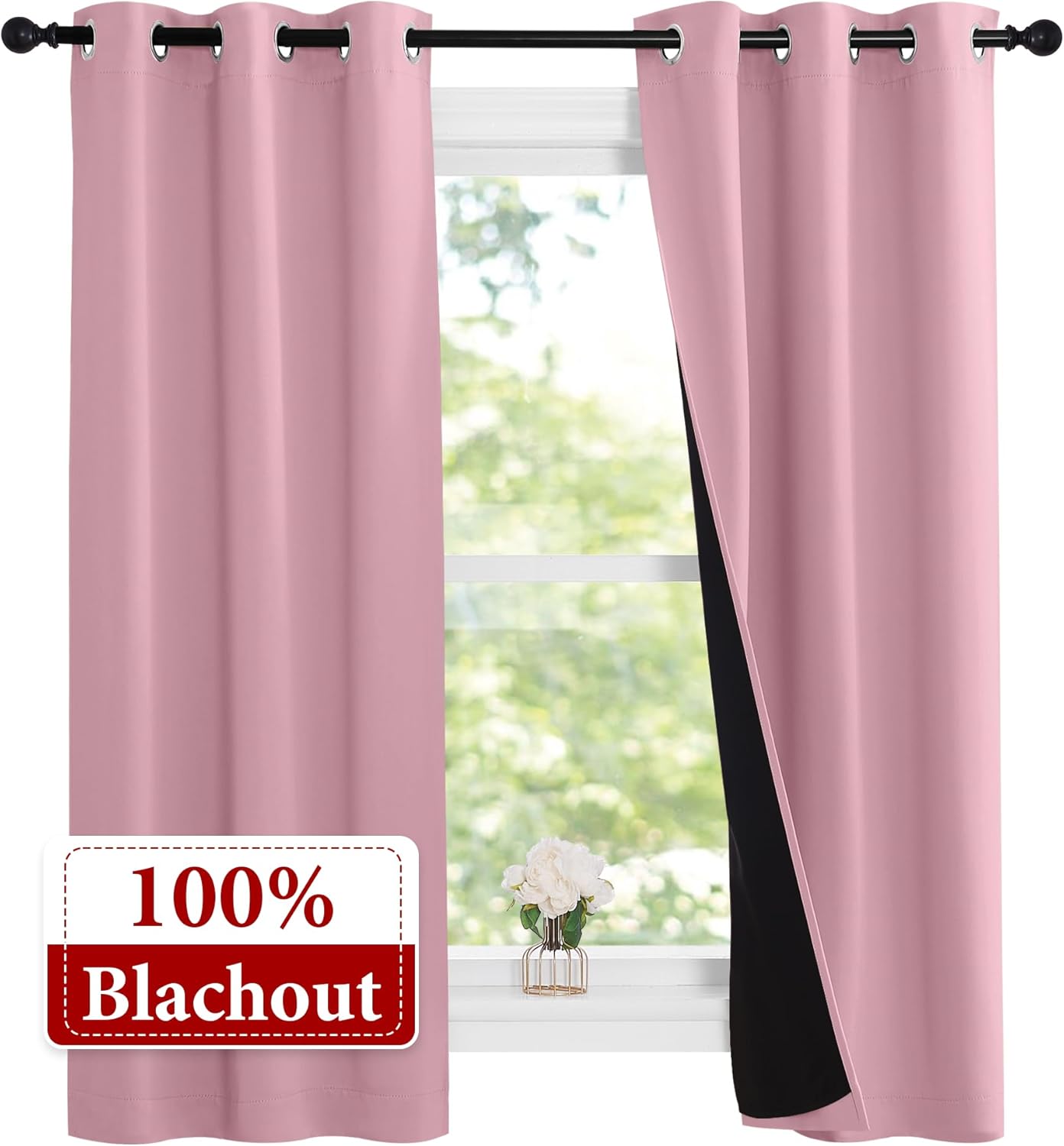 NICETOWN 100% Blackout Short Curtains with Black Liners, 2 Panels, 37"W by 63"L, Crystal Pink, Solid Thermal Insulated Full Blackout 2-Layer Lined Drapes, Energy Efficiency Window Drapes for Bedroom