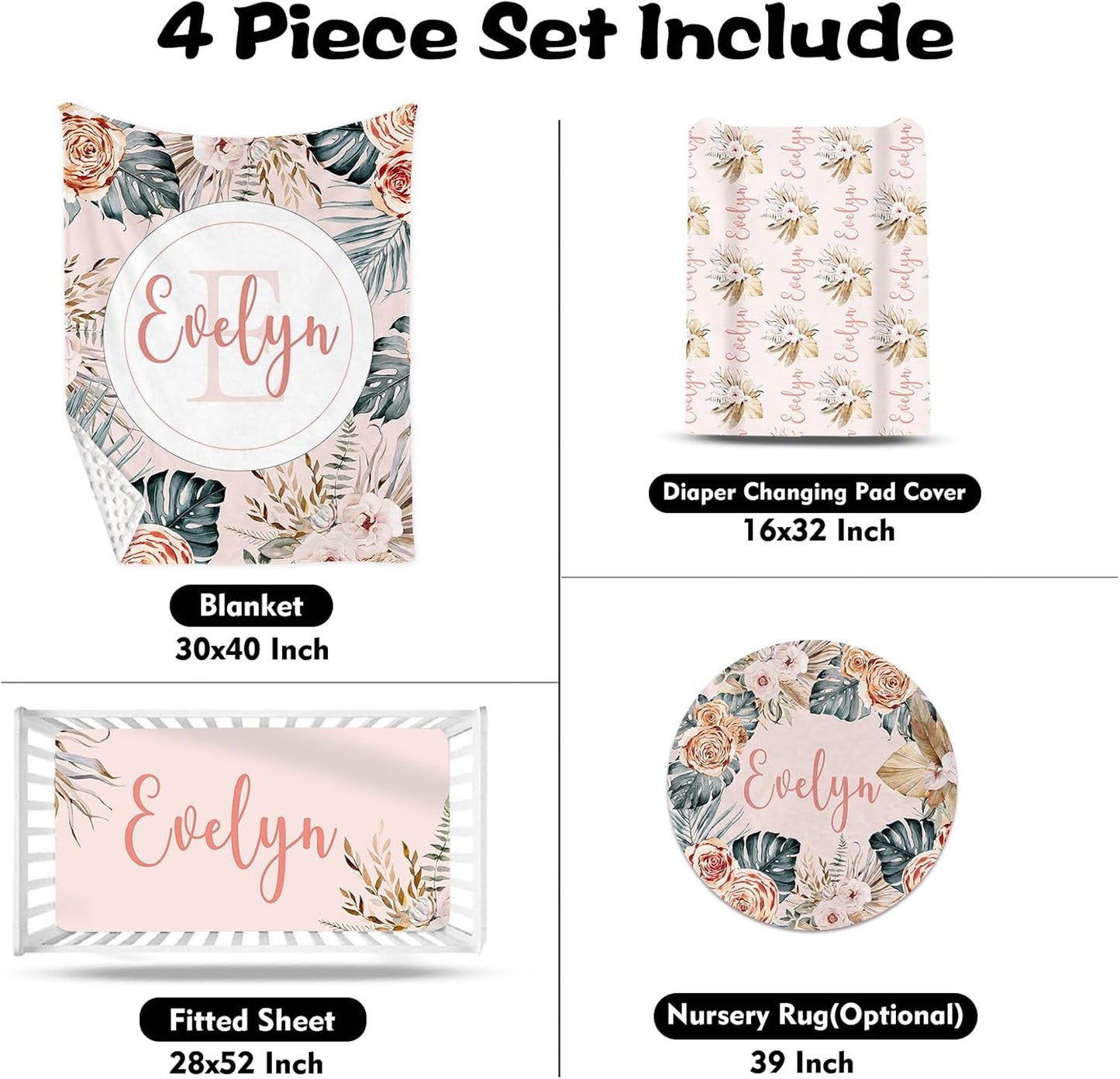 Custom Nursery Crib Bedding Set: 4 Piec Bohemian Flowers Baby Crib Sets for Girls with Personalized Name - Toddler Double Layer Blanket Set, Comfortable Crib Bed Sheets for Baby Toddlers