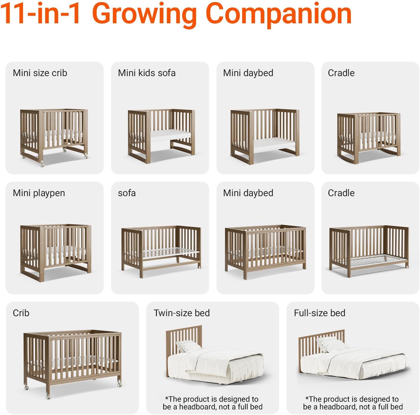 EvoNest Baby Crib, 11 in 1 Convertible Mini Crib with Wheels, 100% New Zealand Wood Growing Bed, 4 Adjustable Mattress Height ，Walnut Brown