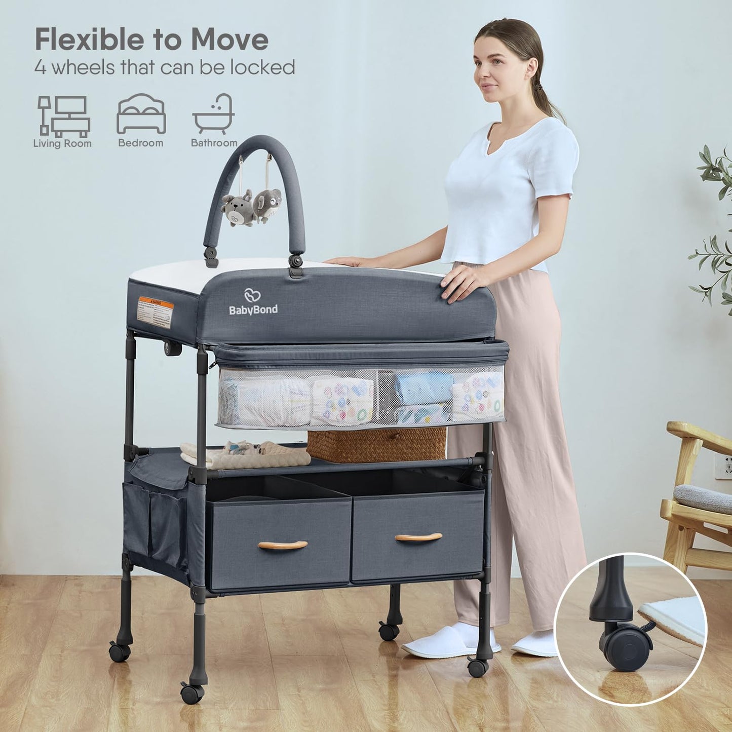 BabyBond Portable Baby Changing Table with 2 Storage Baskets, Foldable Diaper Changing Table Dresser Waterproof Height Adjustable Changing Station for Infant and Newborn(Grey)
