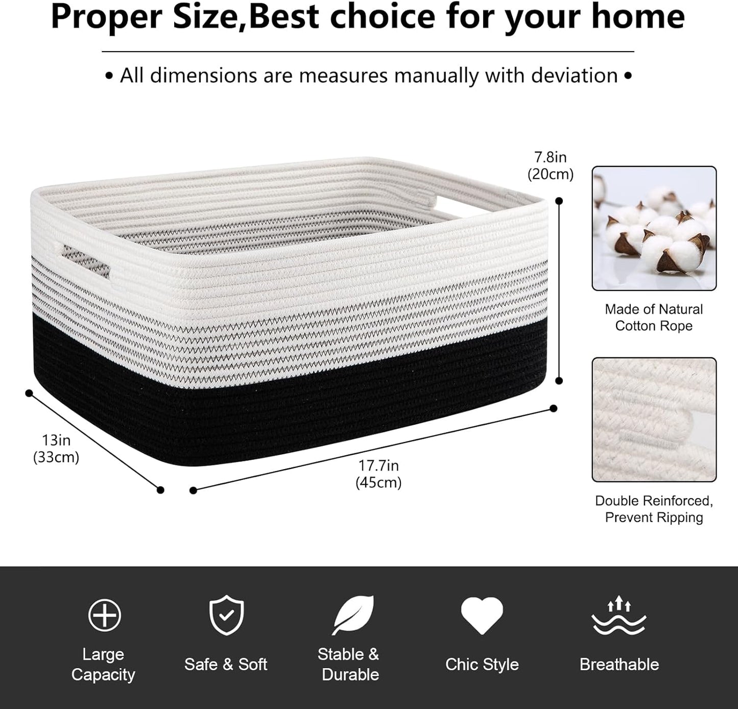 Large Storage Basket for Organizing, Woven Rope Basket for Shelves, Closet Organizer Bins for Clothes, Blanket, Toys, Baby Nursery Storage, 17.7" x 13" x 7.87", 2 Packs Gradient Black