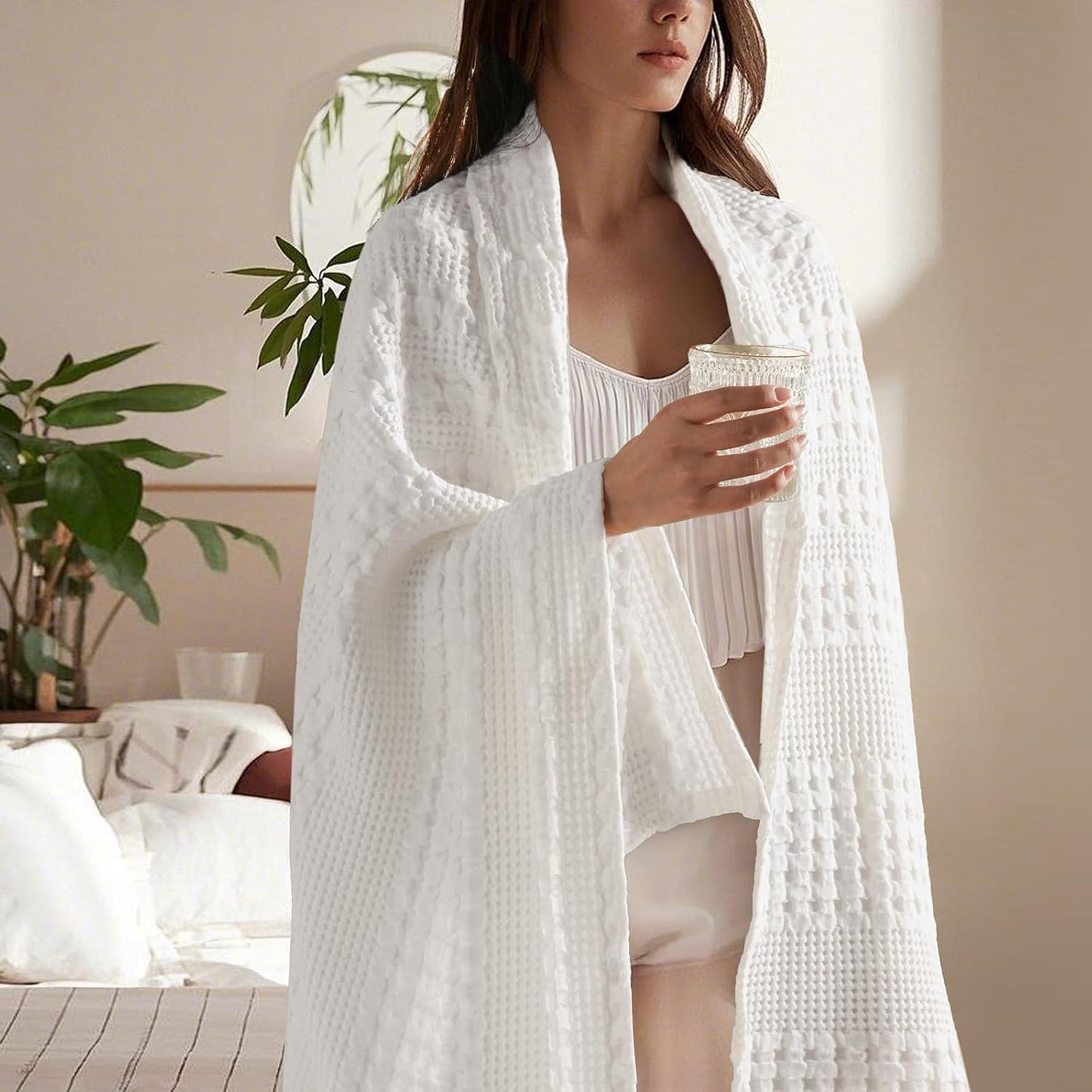 PHF 100% Cotton Waffle Weave Throw Blanket, Soft Lightweight Breathable Cozy Summer Throws for Couch Bed Sofa, Luxury Aesthetic Woven Blanket for Home Decor & Office, 50"x60", White