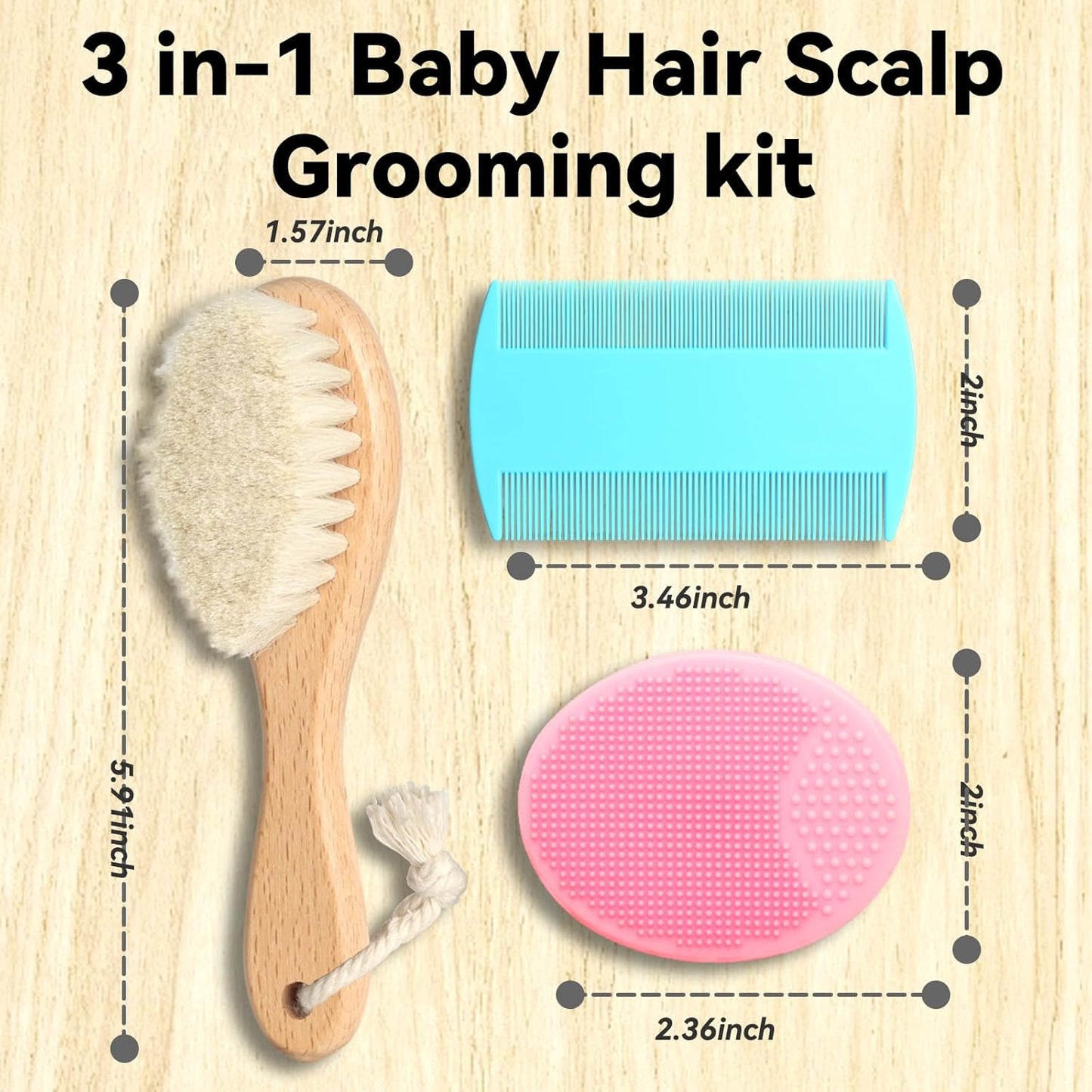 Goat Baby Hair Brush Set, Safe Natural Hair Care Kit with Wooden Soft Bristles Hairbrush Comb Pink Silicone Bath Brush for Newborns Toddlers (3pcs Set)