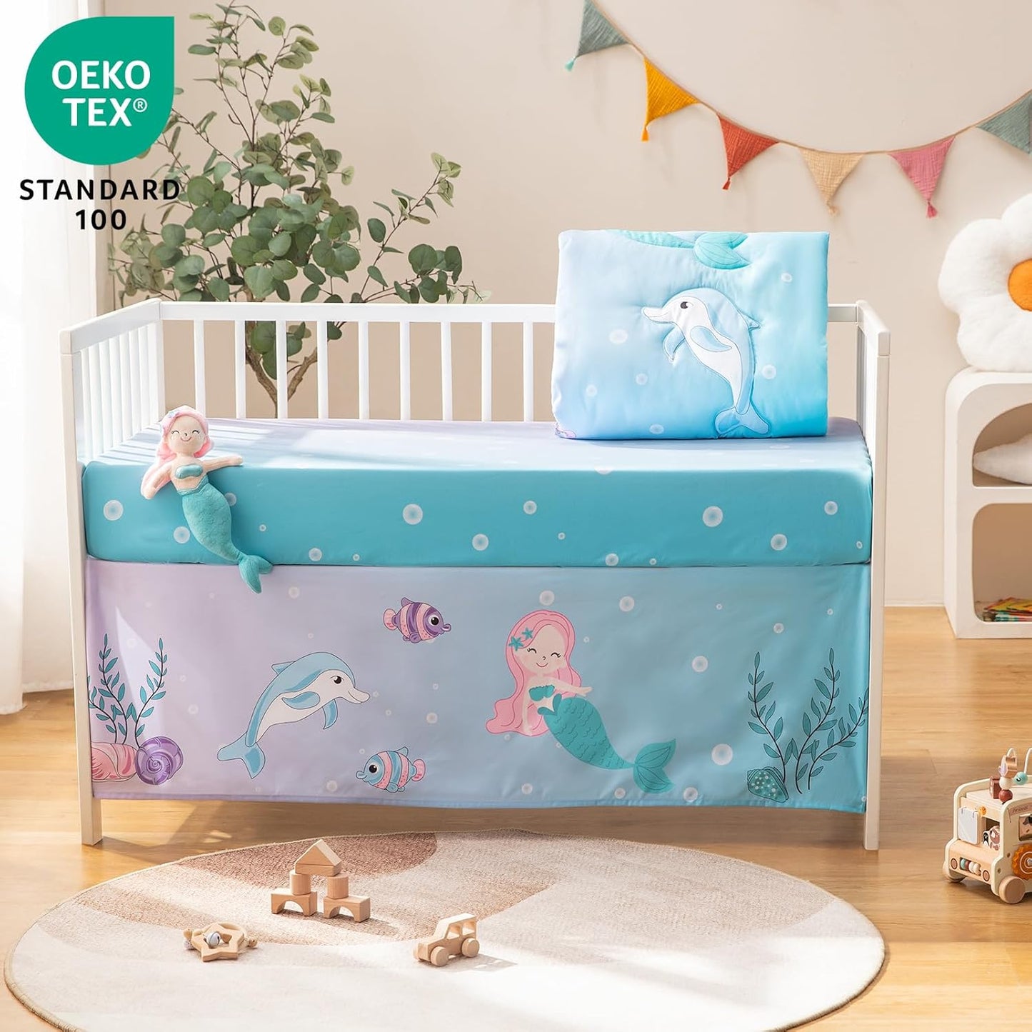 4 Piece Crib Bedding Set for Boys Girls, Infant Toddler Nursery Baby Bedding Sets Includes Cartoon Quilt, Fitted Crib Sheet, Crib Skirt and Plush Mermaid Toy