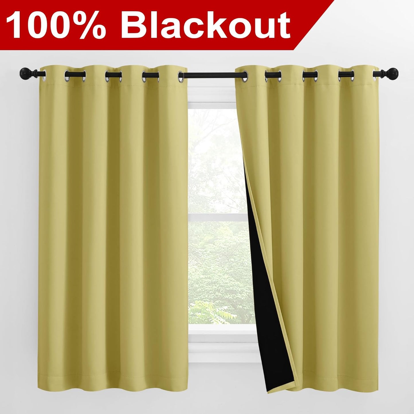 NICETOWN 100% Blackout Curtains with Black Liners, Thermal Insulated Full Blackout 2-Layer Lined Drapes, Noise Cancellation Window Draperies for Dining Room (Paler Yellow, 2 Panels, 55" W by 57" L)