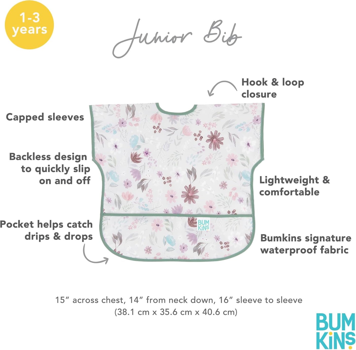 Bumkins Bibs - Toddler Bibs, Waterproof, Large for 1-3 Years, Short Sleeve