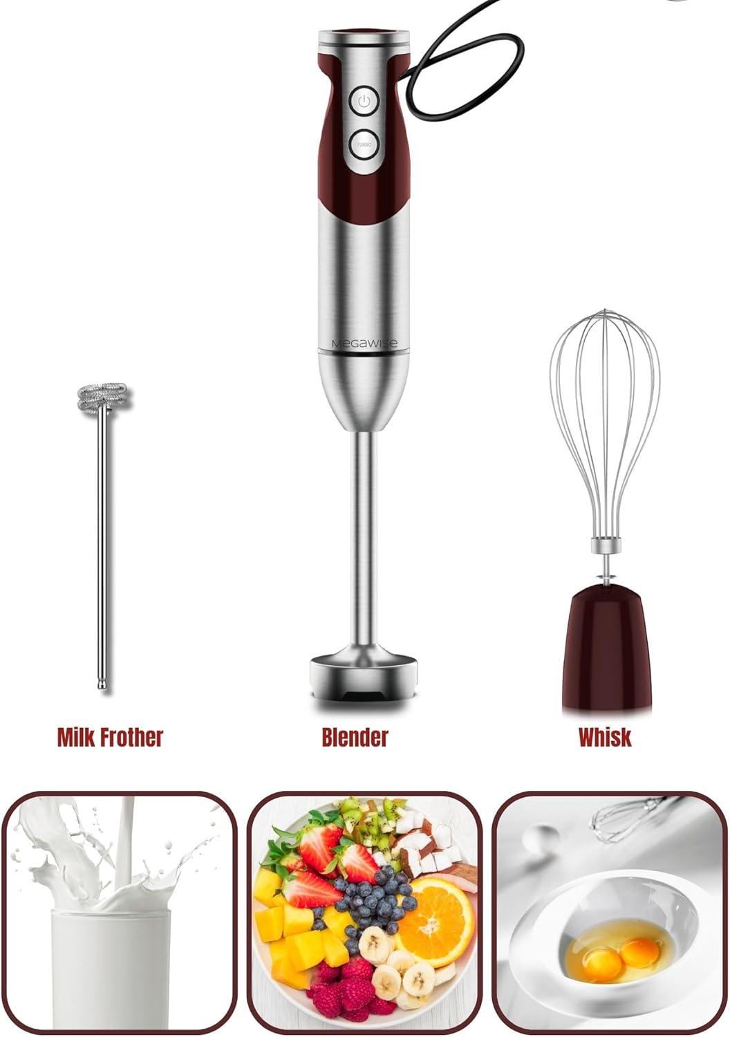 MegaWise Pro Titanium Reinforced 3-in-1 Immersion Corded Hand Blender, Powerful MOTOR with 80% Sharper Blades, 12-Speed Corded Blender, IncludingWhisk and Milk Frother (3-in 1 Red)