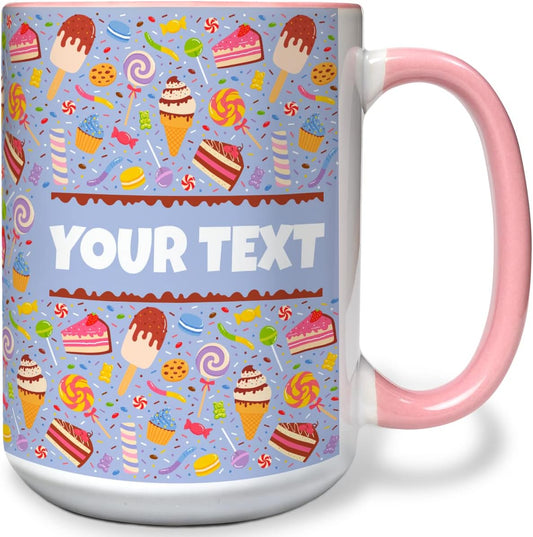 Personalized Mug for Kids - Sweets - Custom Name/Text, Ceramic Hot Chocolate/Cocoa/Coffee Cup for Boys/Girls, Birthday/Christmas/Holiday Gift - 15 oz, Pink Handle