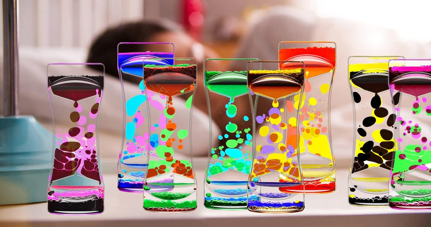 Liquid Motion Bubbler Set of 6 Different Rainbow Colors for Sensory Toys, Fidget Timers Liquid Toy for Home Office, Oil Drop Water Hourglass Desk Toys with Gift Box