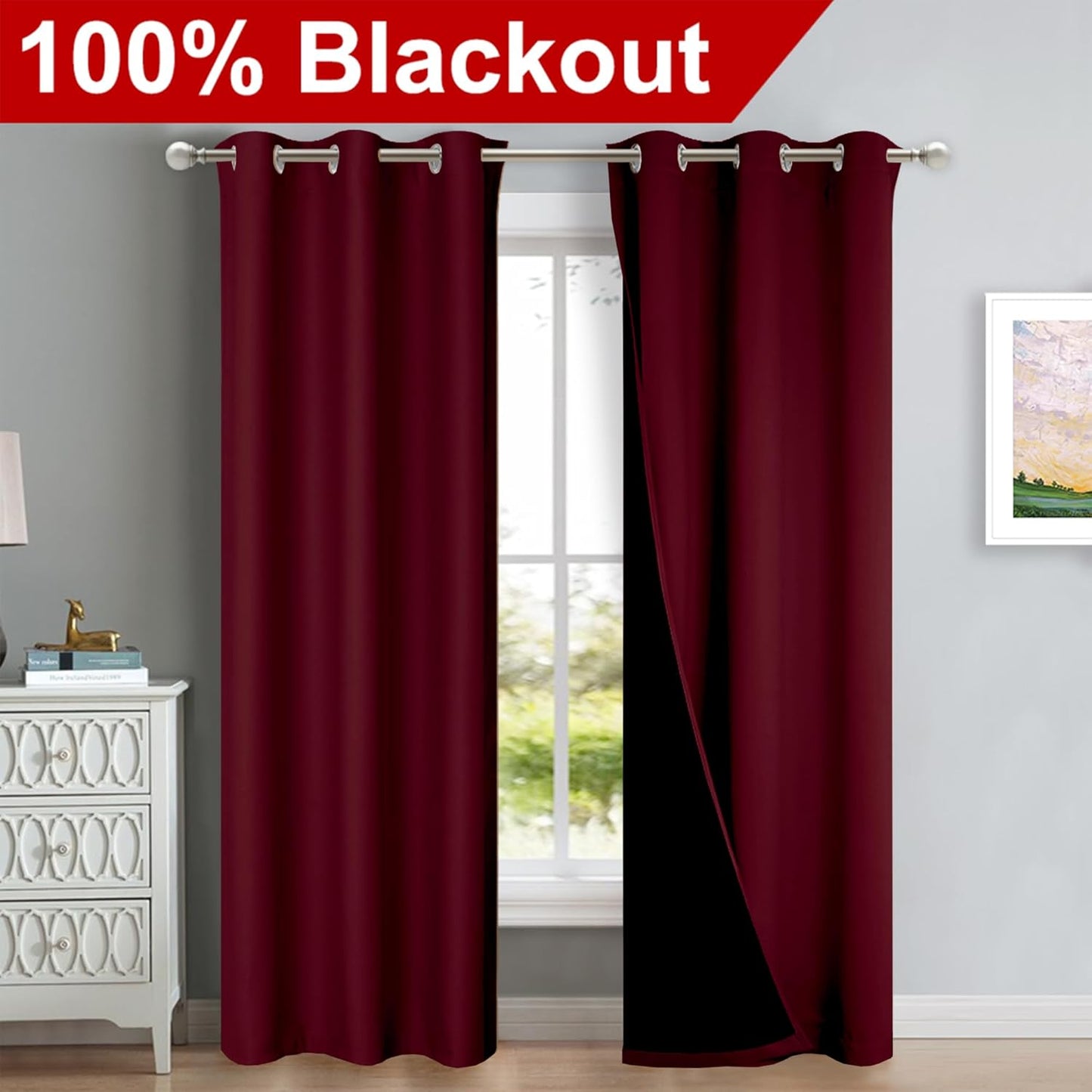 NICETOWN Blackout Curtains 84 inches Long, 2 Pieces, 42" Wide Each Panel, Wine Red, Full Light Blocking Drapes with Black Liner for Nursery, Thermal Insulated Draperies for Hall, Villa