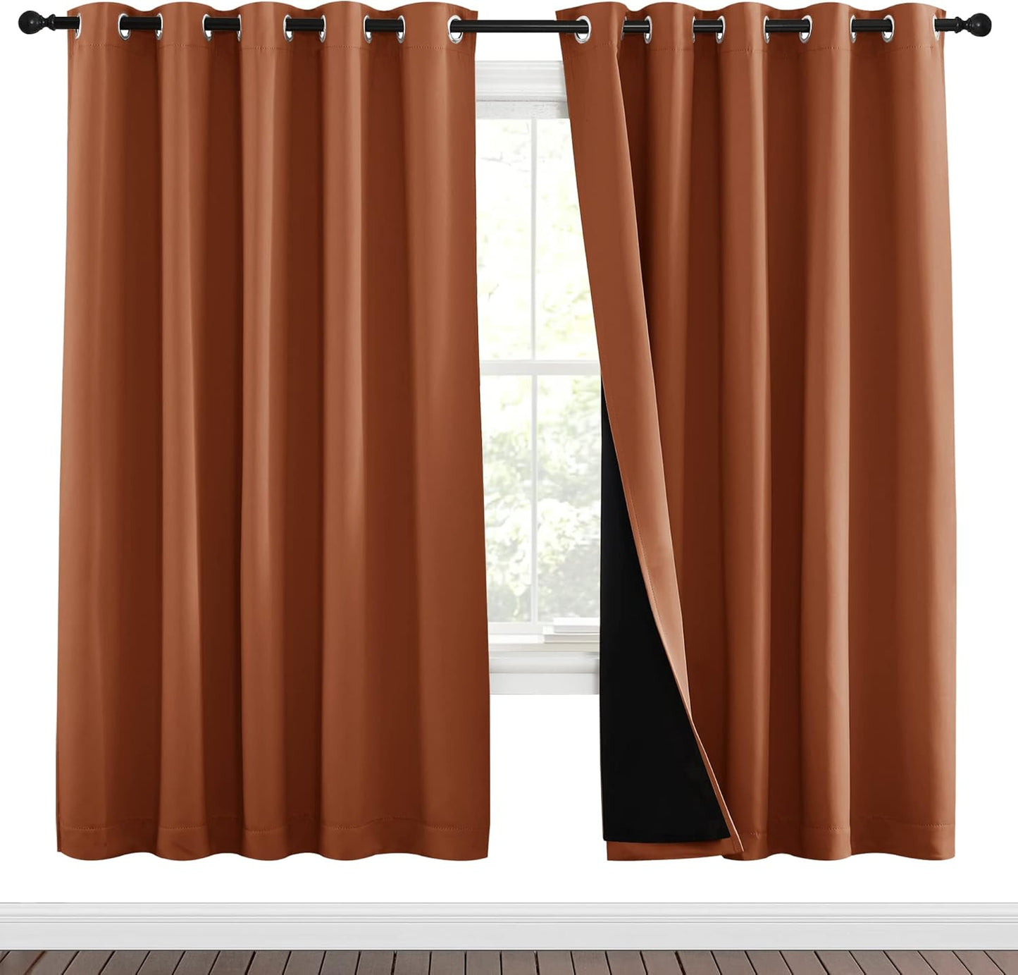 NICETOWN 100% Blackout Window Curtain Panels, Full Light Blocking Drapes with Black Liner for Nursery, 72-inch Drop Thermal Insulated Draperies (Burnt Orange, 2 Pieces, 70-inch Wide Per Panel)