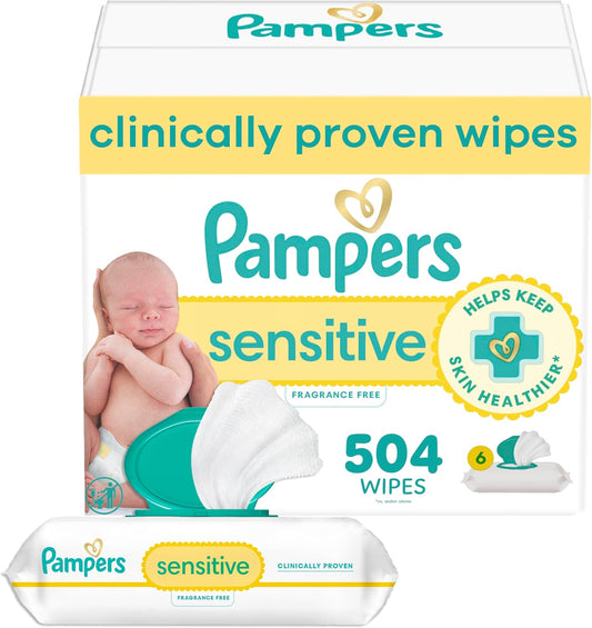 Pampers Sensitive Baby Wipes, Water Based, Hypoallergenic and Unscented, 6 Flip-Top Packs (504 Wipes Total)