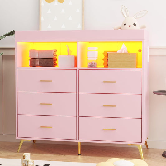 GarveeHome Dresser for Bedroom with 6 Drawers, Baby Changing Table Dresser with Changing Pad, LED Lights & Charging Station, Baby Changing Station with Changing Table Top, Pink