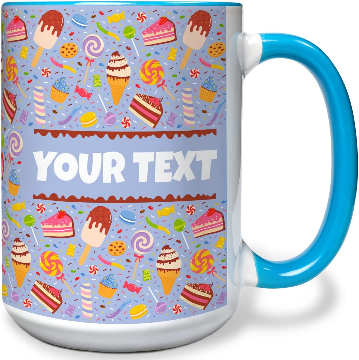 Personalized Mug for Kids - Sweets - Custom Name/Text, Ceramic Hot Chocolate/Cocoa/Coffee Cup for Boys/Girls, Birthday/Christmas/Holiday Gift - 15 oz, Light Blue Handle