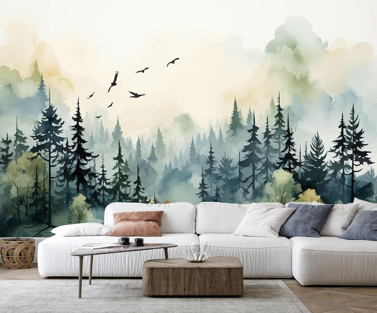 Green Watercolor Forest Wallpaper Woodland Nature Landscape Wall Mural for Living Room Bedroom Dining Room Office(Not Self-Adhesive)