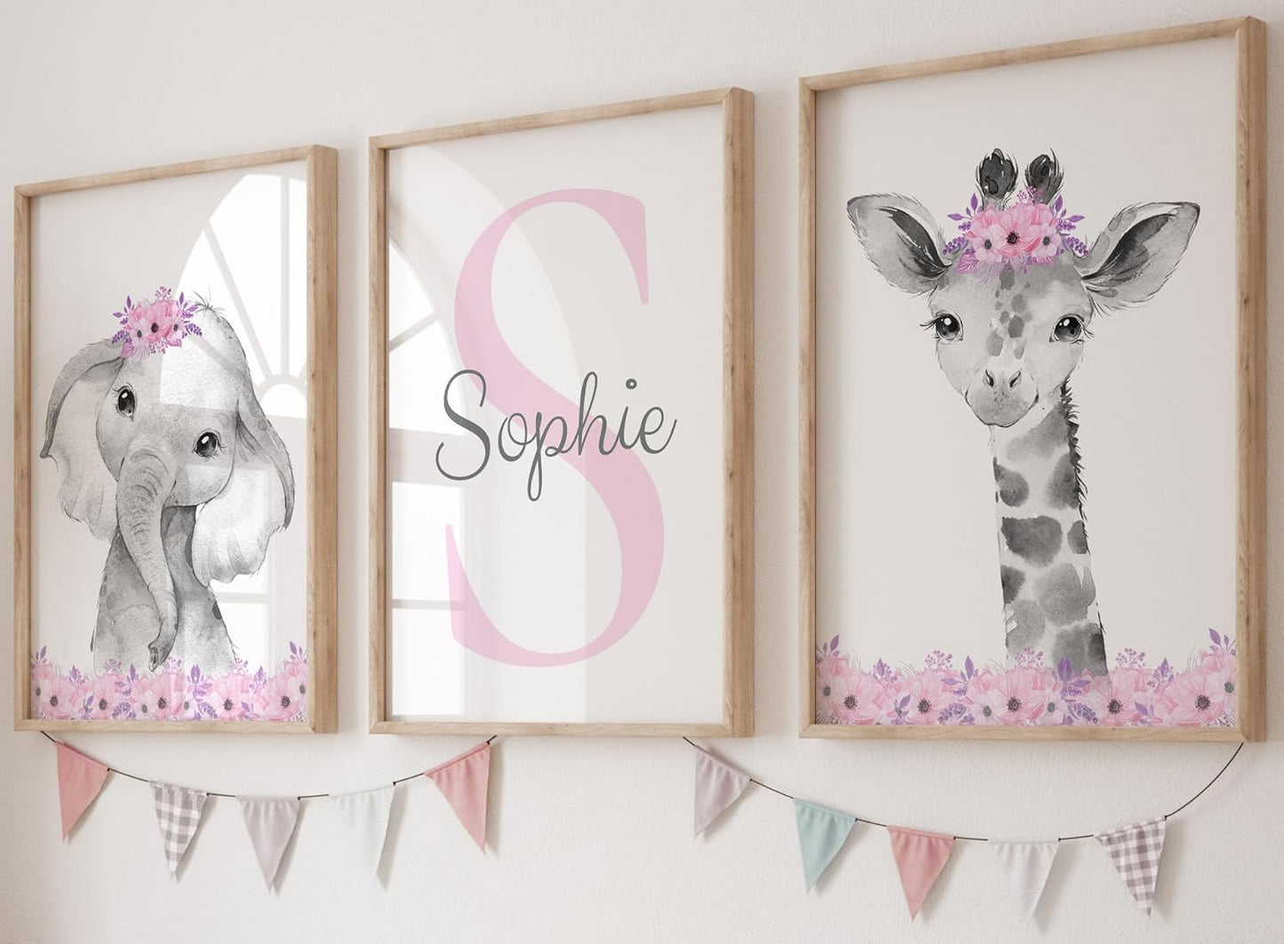 Safari Animals Girls Nursery Bedroom Unframed Set of 3 Poster Prints, Personalized Name Pink or Purple Flowers Wall Art Decor New Baby Gift Present, Elephant Giraffe Panda Zebra Lion (9x12)