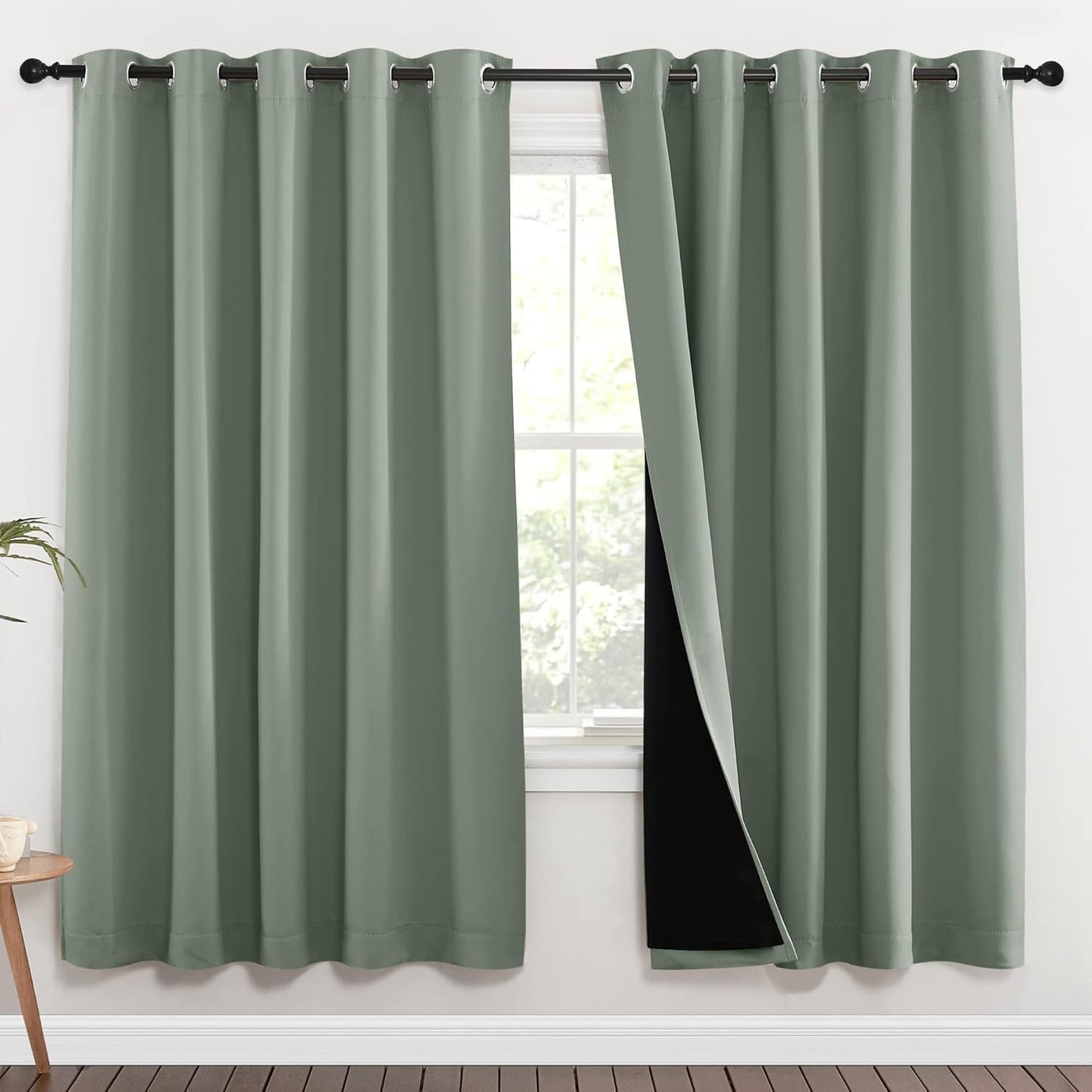 NICETOWN 100% Blackout Window Curtain Panels, Full Light Blocking Drapes with Black Liner for Nursery, 72-inch Drop Thermal Insulated Draperies (Greyish Green, 2 Pieces, 70-inch Wide Per Panel)
