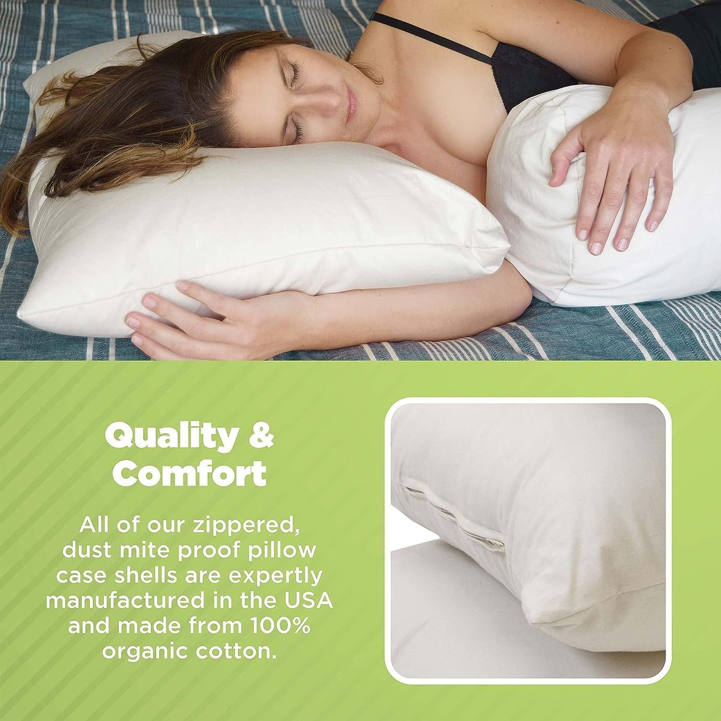 Bean Products Travel/Toddler Organic Kapok Pillow + Natural Org Case - 13" x 18" - Organic Cotton Zippered Shell - Made in USA
