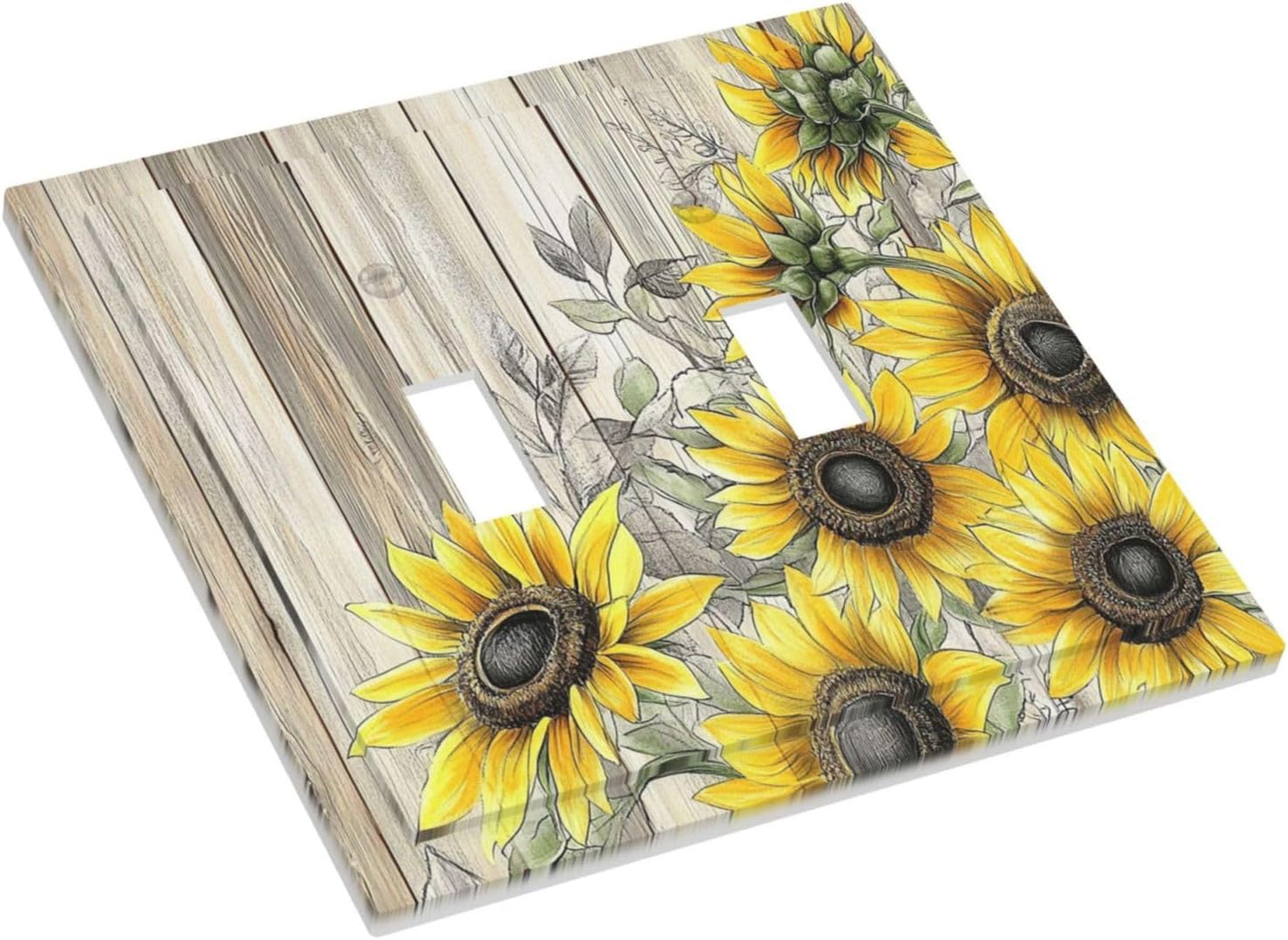 Decorative Switch Plates Floral Sunflower Rustic Flower Vintage Wood 2 Gang Double Toggle Outlet Light Switch Cover Wall Plate Electrical Faceplate For Farmhouse Cabin Decor