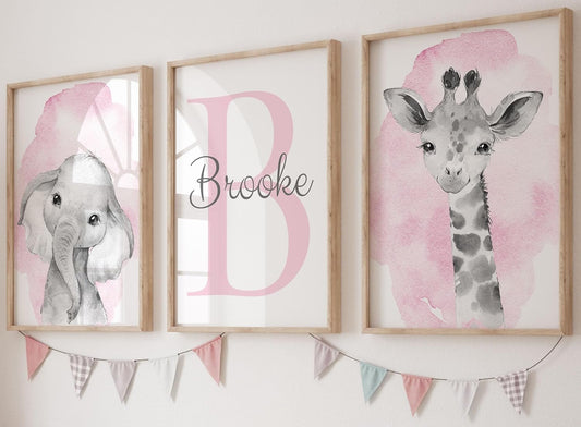 Safari Animals Set of 3 Unframed Poster Prints for Baby Girls Nursery Bedroom Playroom, Personalized Name, Choice of 12 Animals, Pink Purple (11x14)
