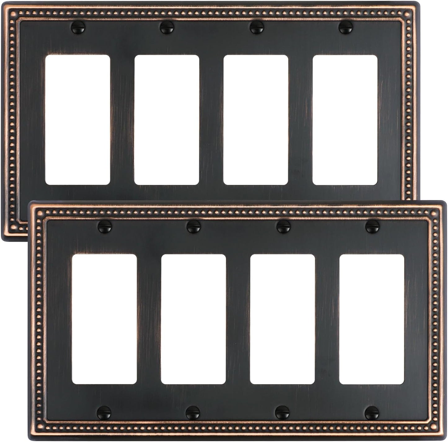 2-Pack Quad Decorator Outlet Cover Plate, Pearls Decorative Switch Plates and Outlet Covers, 4 Gang Aged Bronze Metal Wall Plates, Corrosion Resistant