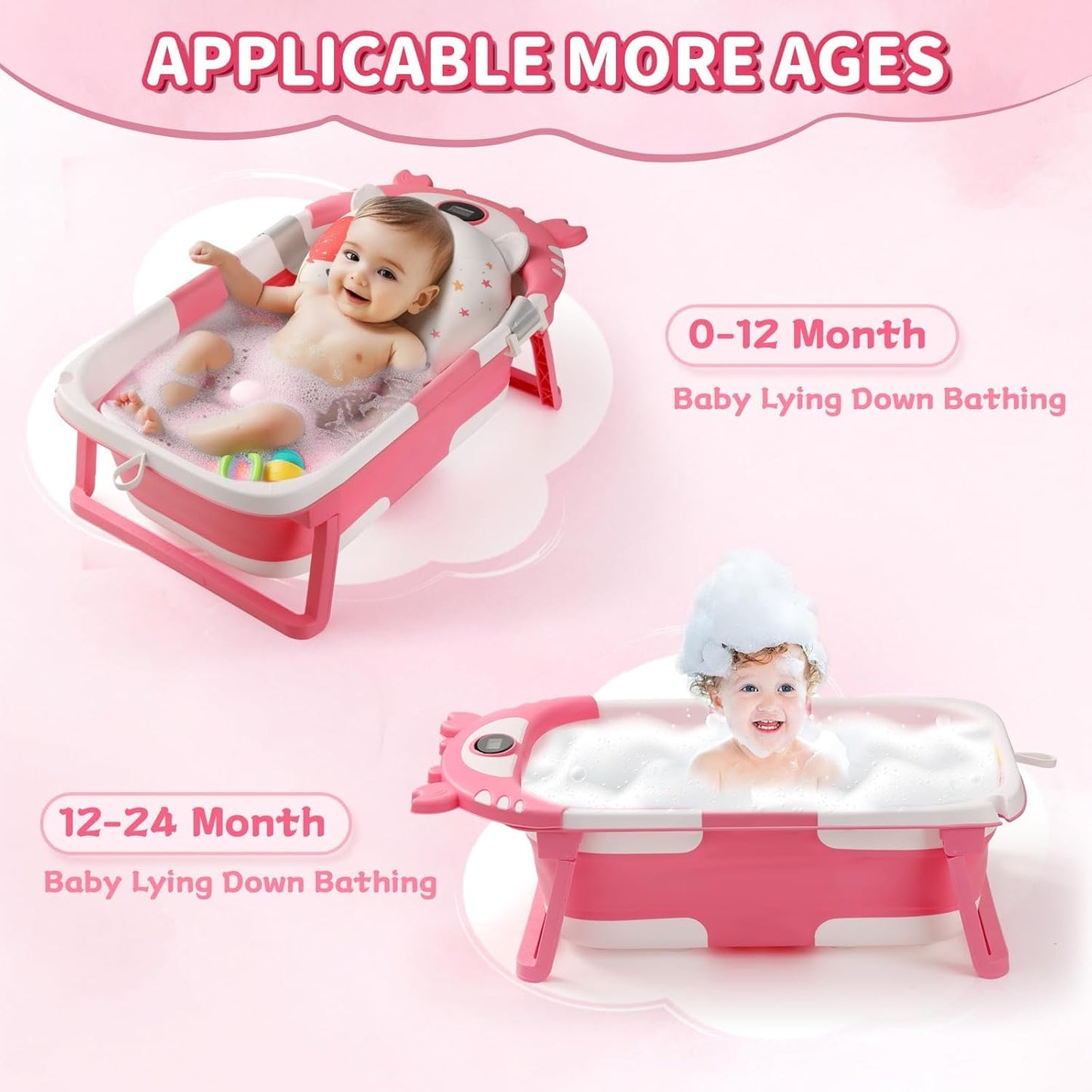 Baby Bathtub,Collapsible Baby Bath Tub with Thermometer & Soft Floating Cushion,Portable Travel Baby Bathtubs for Newborns to Toddlers 0-36 Months(Crab Green)