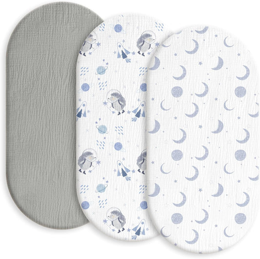 Gllquen Baby Muslin Bassinet Sheets 3 Pack, Breathable Elastic Cozy Fitted Cotton Bassinet Mattress Sheet for Baby Boy Girls, Fit for Hourglass Oval Rectangular Cradle Pad Sheets 33"x17" (Space)