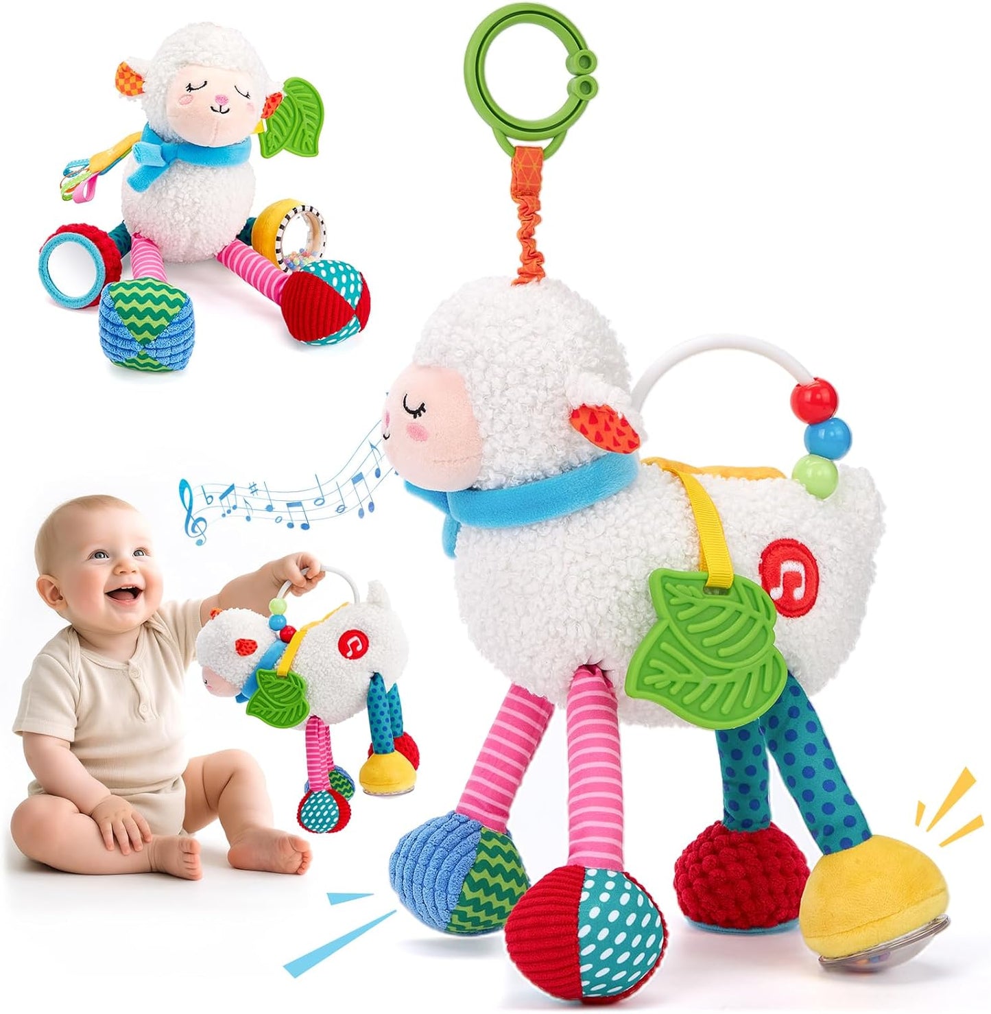 hahaland Baby Toys 0-6 Months - Baby Sensory Toys 0-3-6 Months Car Seat Toy Hanging - Musical Animals with Pull String Rattle Teether Crinkle Mirror, Crib Stroller Toy Tummy Time Babies Girl Boy Gifts