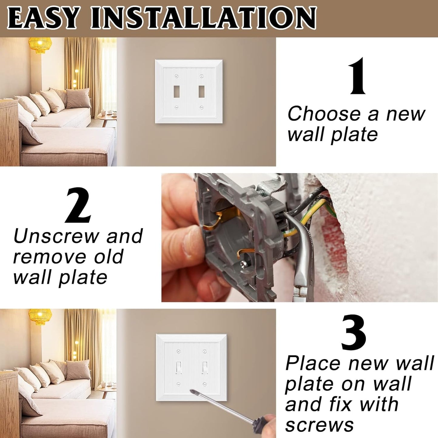 Modern Decorative Wall Plate Switch Plate Outlet Cover, Vintage Retro Wood Grain Design(Double Duplex-10 Pack, White)