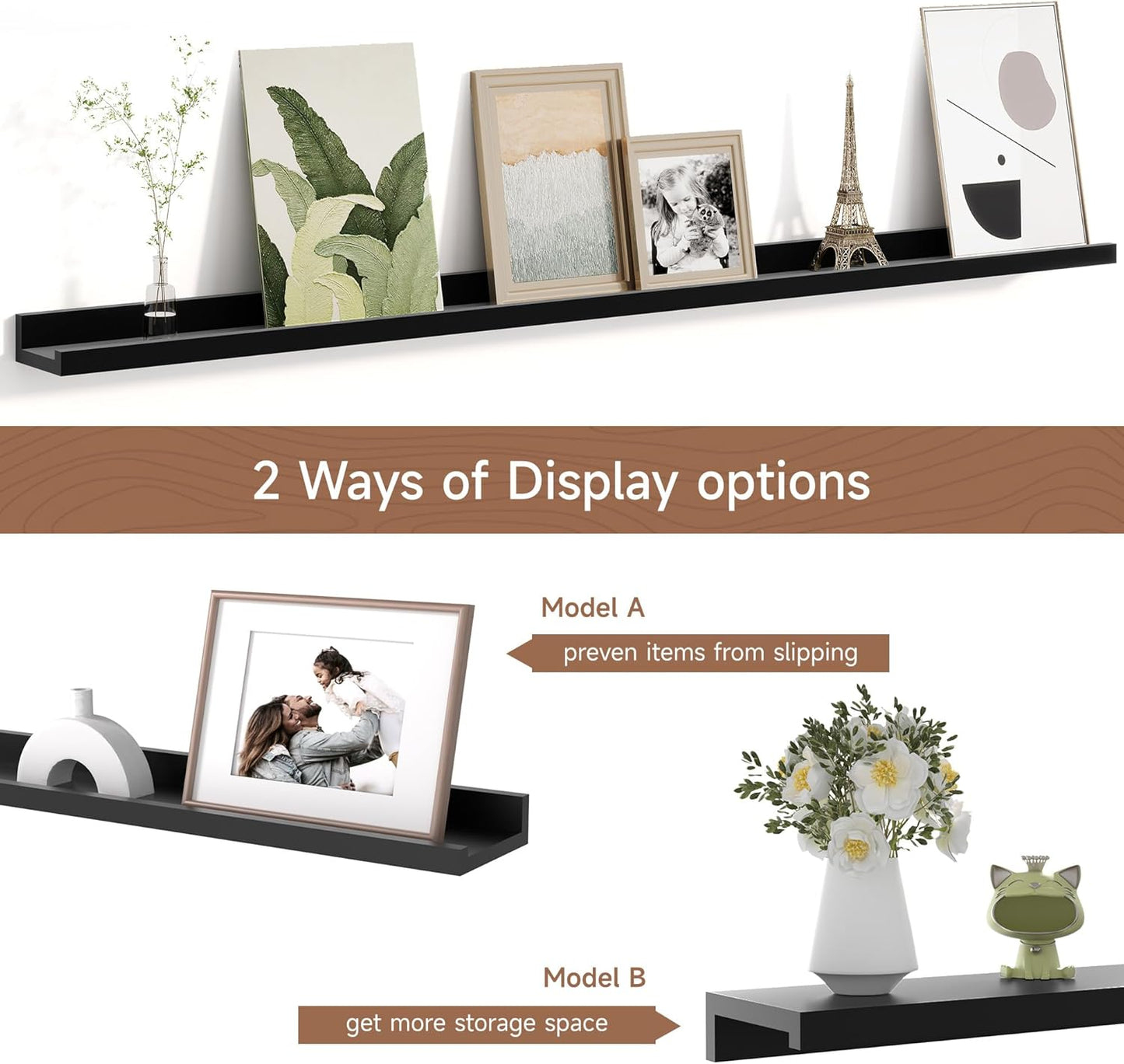 Picture Ledge Shelf for Wall, Floating Shelves Set of 4, 48 Inch Long Nursery Book Shelves for Toys Storage, Kids Bookshelf Wall Mounted for Books Photo Frames, Black