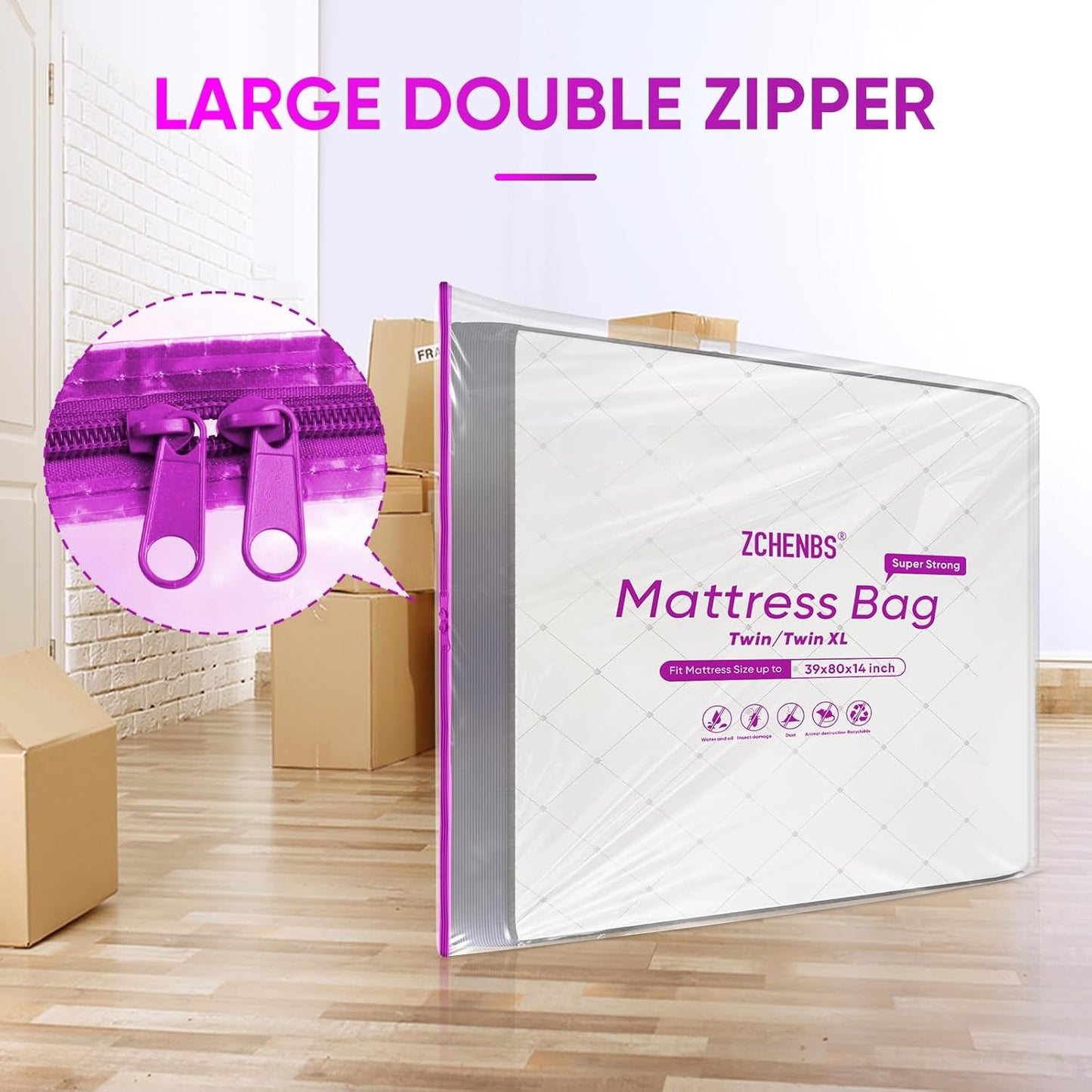 ZCHENBS® – Mattress Bags for Moving and Storage,Mattress Bag with Zippers,5 Mil Ultra-Thick Bed Bag,Waterproof,Anti-Tear,Heavy-Duty Mattress bag (Tansparent/Purple, Twin/Twin XL-(1 Pack))