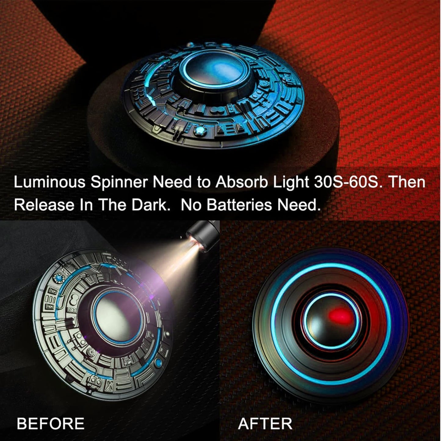 Cool Spaceship Fidget Spinners Metal, UFO Finger Hand Spinner 3 to 5 Mins Spinning Top, Anti Anxiety Stress Relief Toys Gift for Kids Adults, Luminous Night Effects, Desk Toy for Office