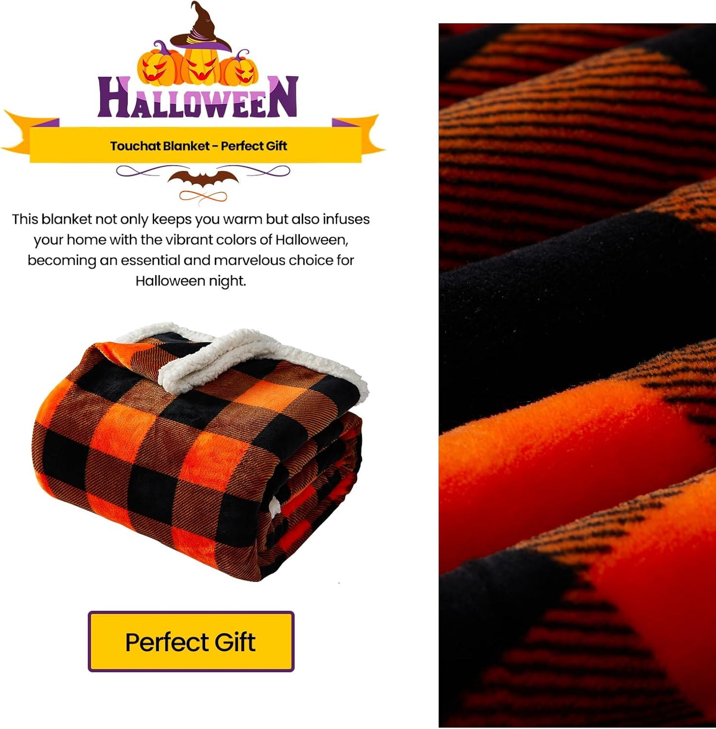 Touchat Halloween Blanket Twin Size 60" X 70"，Fall Autumn Harvest Sherpa Fuzzy Fluffy Soft Cozy Blankets, Fleece Flannel Plush Microfiber Throw for Couch Bed Sofa, Halloween Decor (Orange)