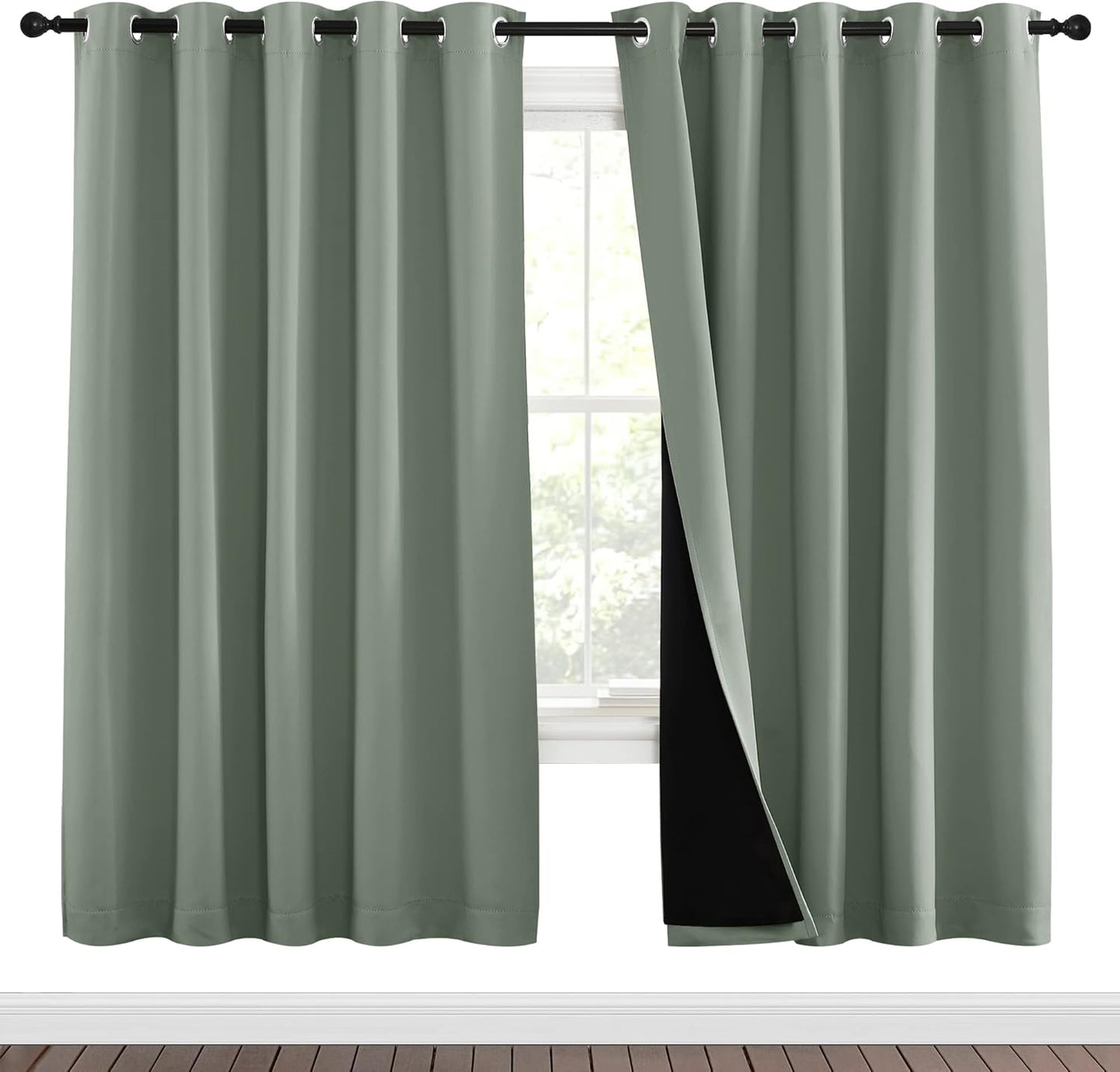 NICETOWN 100% Blackout Window Curtain Panels, Full Light Blocking Drapes with Black Liner for Nursery, 72-inch Drop Thermal Insulated Draperies (Greyish Green, 2 Pieces, 70-inch Wide Per Panel)